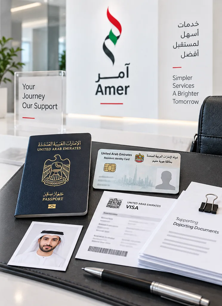 جواز السفر والهوية الإماراتية ونسخة التأشيرة وصورة شخصية والمستندات الداعمة لإحضارها إلى مركز آمر