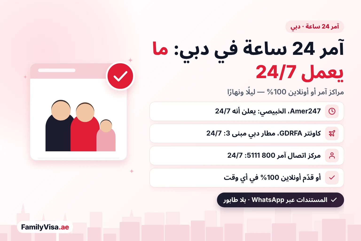 مركز امر 24 ساعة في دبي: Amer247 في الخبيصي يعلن أنه يعمل 24/7، وكاونتر GDRFA في مبنى المسافرين 3 بمطار دبي يعمل 24/7، ومركز اتصال آمر 800 5111 يرد 24/7، أو قدّم أونلاين 100% في أي وقت