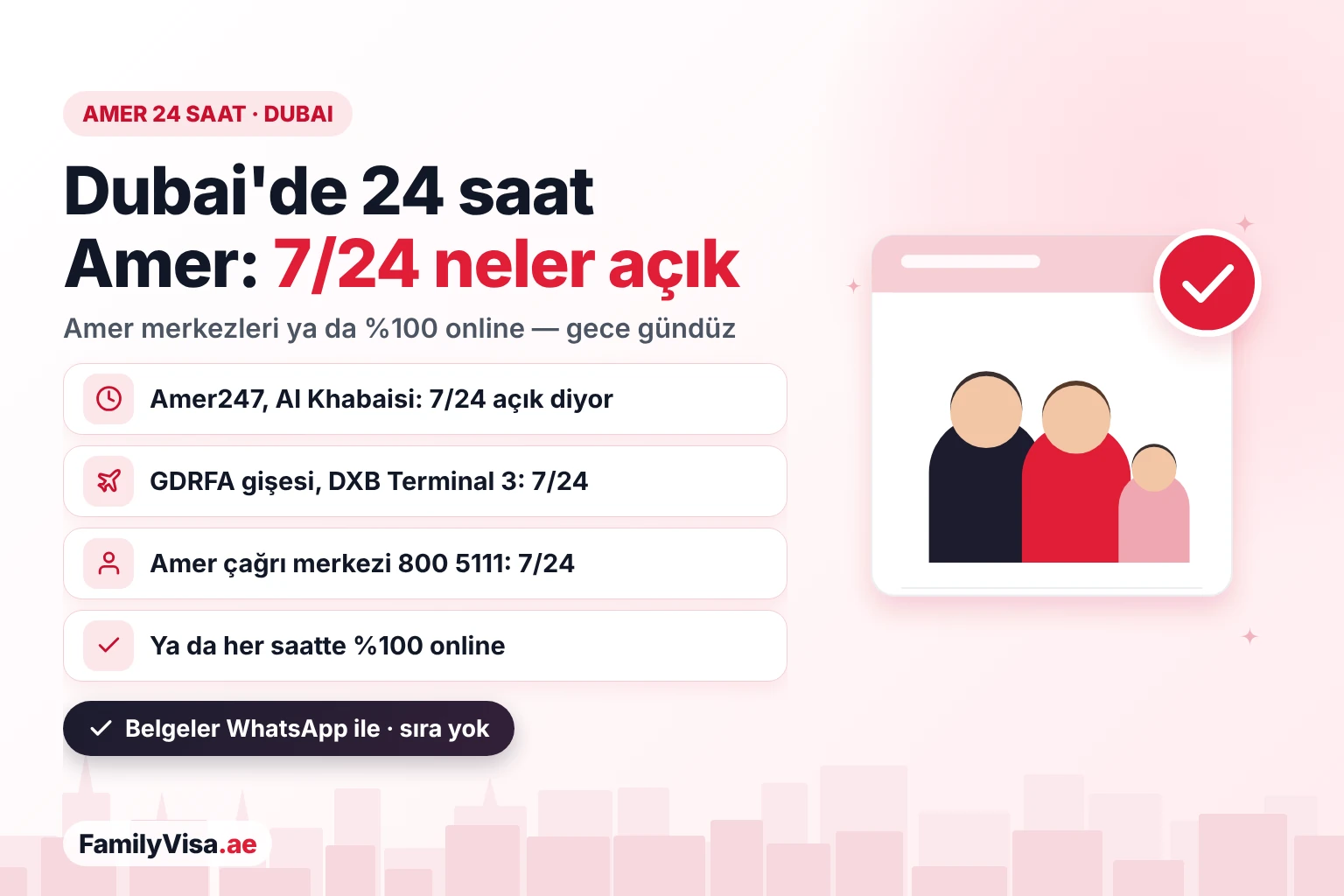 Dubai'de 24 saat açık Amer: Al Khabaisi'deki Amer247 7/24 açık olduğunu duyuruyor, DXB Terminal 3'teki GDRFA gişesi 7/24 açık, Amer çağrı merkezi 800 5111 7/24 yanıt veriyor ya da her saatte %100 online başvurabilirsiniz