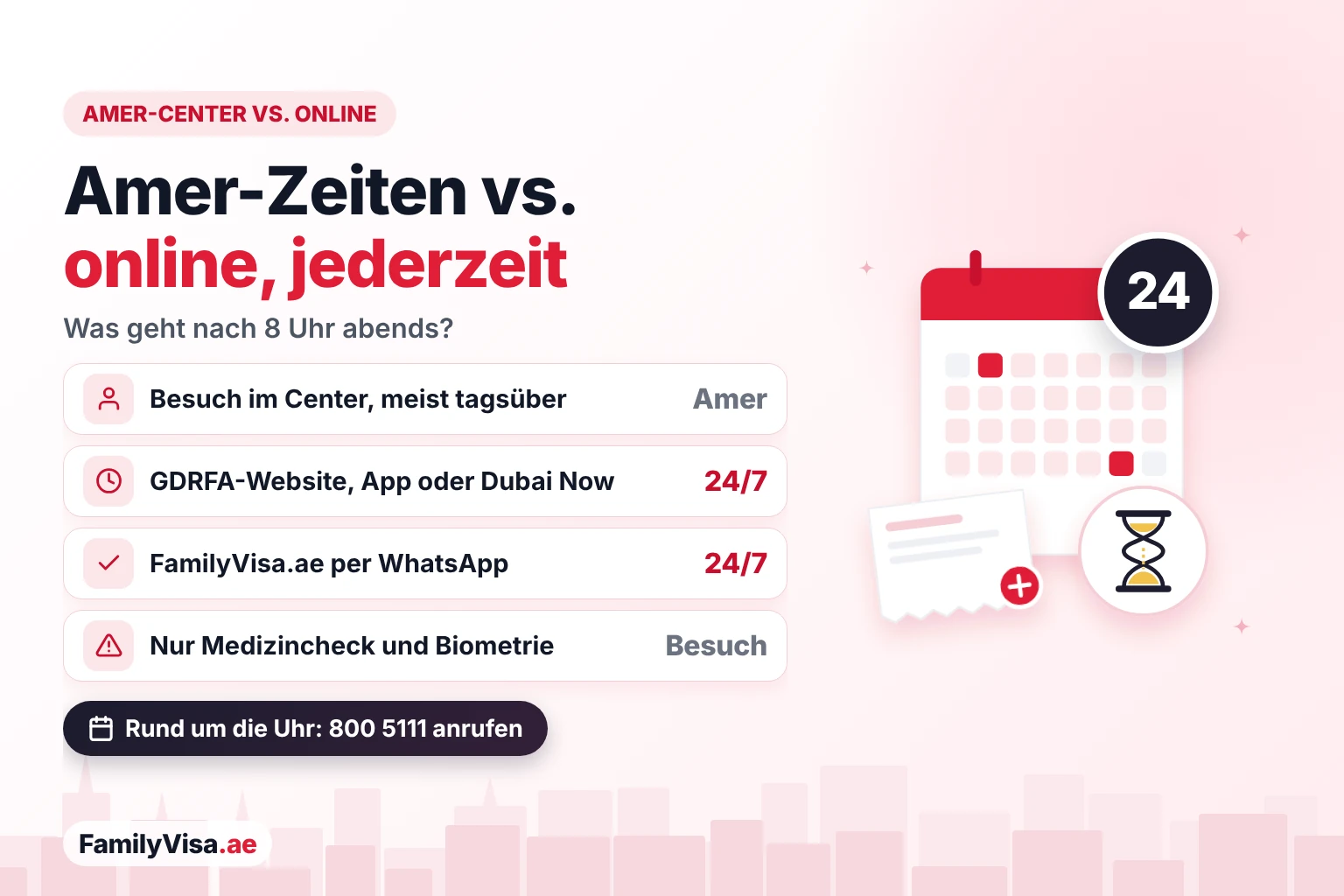 Amer-Öffnungszeiten vs. 24/7-Online-Kanäle in Dubai Öffnungszeiten der Amer-Center im Vergleich zu Online-Kanälen: Ein Besuch im Amer-Center findet meist tagsüber statt, während GDRFA-Website, App GDRFA DXB, Dubai Now und FamilyVisa.ae 24/7 funktionieren; Medizincheck und Biometrie erfordern weiterhin einen Besuch