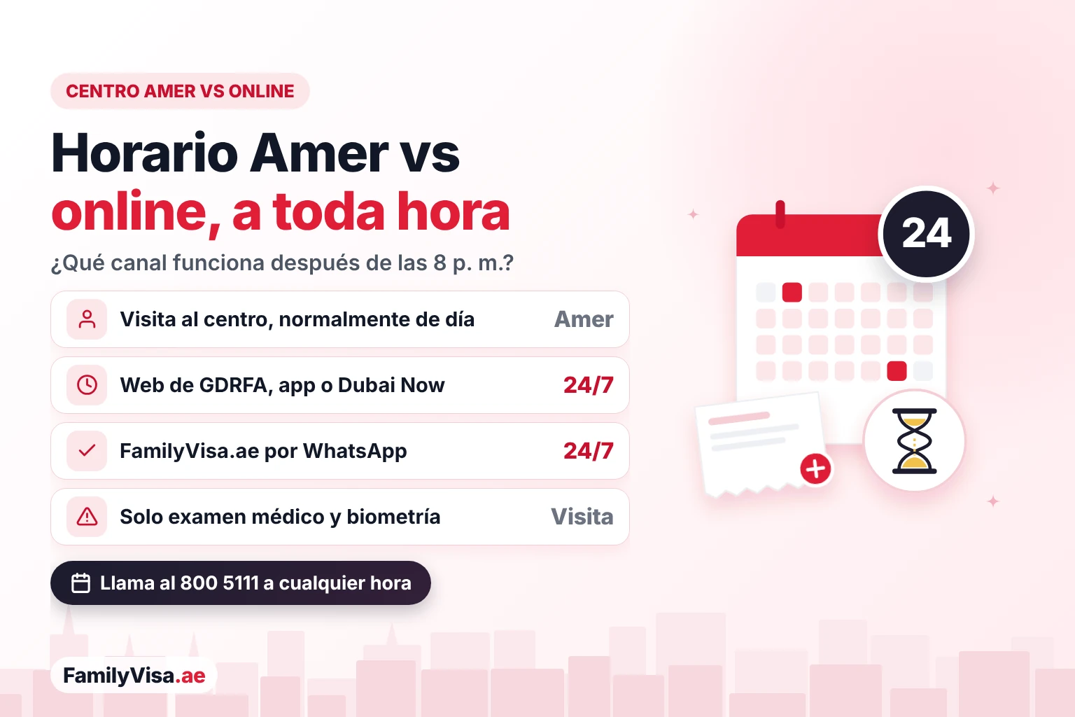 Horario de Amer vs canales online 24/7 en Dubái Horario de los centros Amer frente a los canales online: la visita a un centro Amer suele ser de día, mientras que la web de GDRFA, la app GDRFA DXB, Dubai Now y FamilyVisa.ae funcionan 24/7; el examen médico y la biometría siguen requiriendo una visita