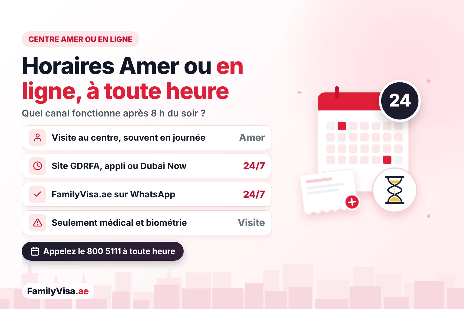 Horaires Amer ou canaux en ligne 24/7 à Dubaï Horaires des centres Amer comparés aux canaux en ligne : une visite dans un centre Amer se fait généralement en journée, tandis que le site de la GDRFA, l'application GDRFA DXB, Dubai Now et FamilyVisa.ae fonctionnent 24/7 ; la visite médicale et la biométrie exigent toujours un déplacement