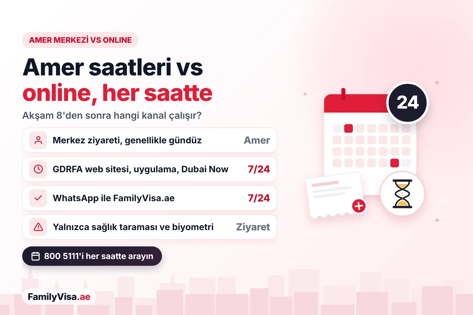 Amer merkezi saatleri ile online kanalların karşılaştırması: Amer merkezi ziyareti genellikle gündüz olur; GDRFA web sitesi, GDRFA DXB uygulaması, Dubai Now ve FamilyVisa.ae ise 7/24 çalışır; sağlık taraması ve biyometri yine ziyaret gerektirir