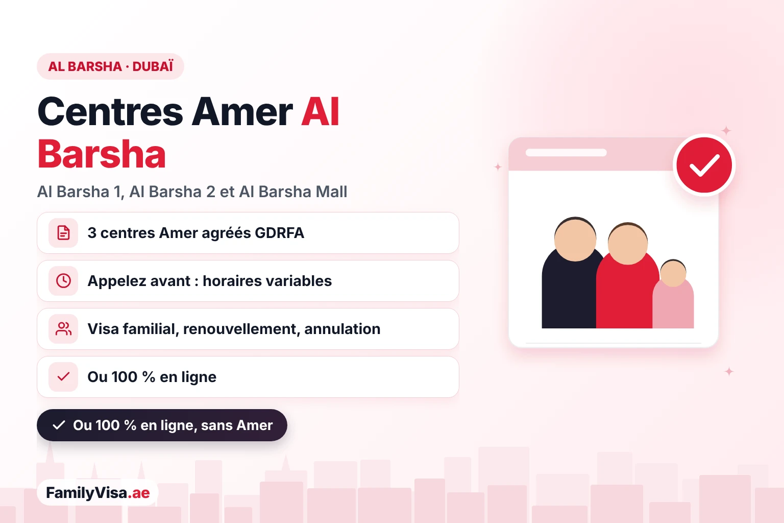 Guide du centre Amer Al Barsha : trois centres Amer agréés par la GDRFA à Al Barsha 1, Al Barsha 2 et Al Barsha Mall à Dubaï, avec la possibilité de faire vos démarches de visa familial 100 % en ligne à la place
