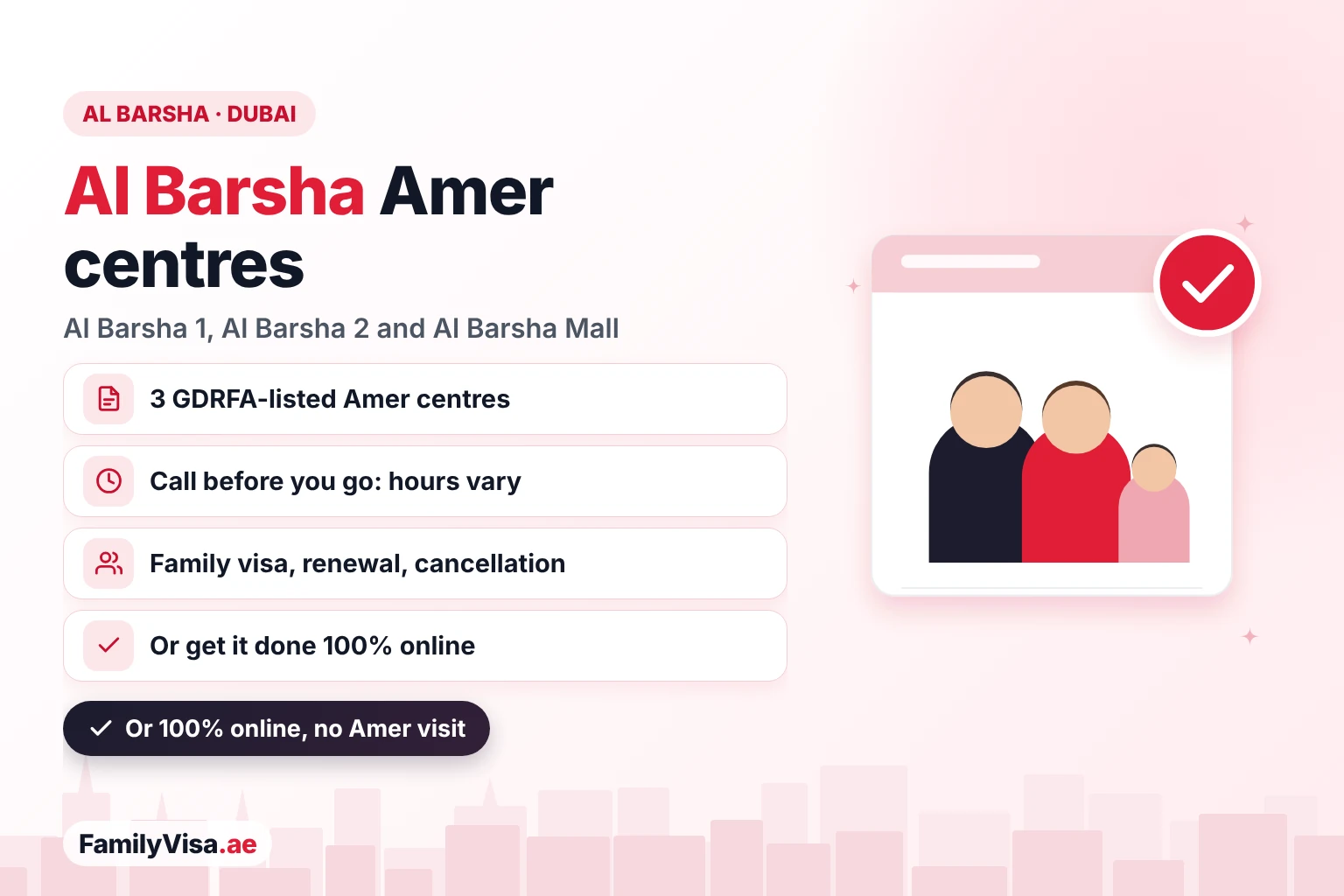 Amer Al Barsha guide: three GDRFA-listed Amer centres in Al Barsha 1, Al Barsha 2 and Al Barsha Mall in Dubai, with the option to get family visa services done 100% online instead