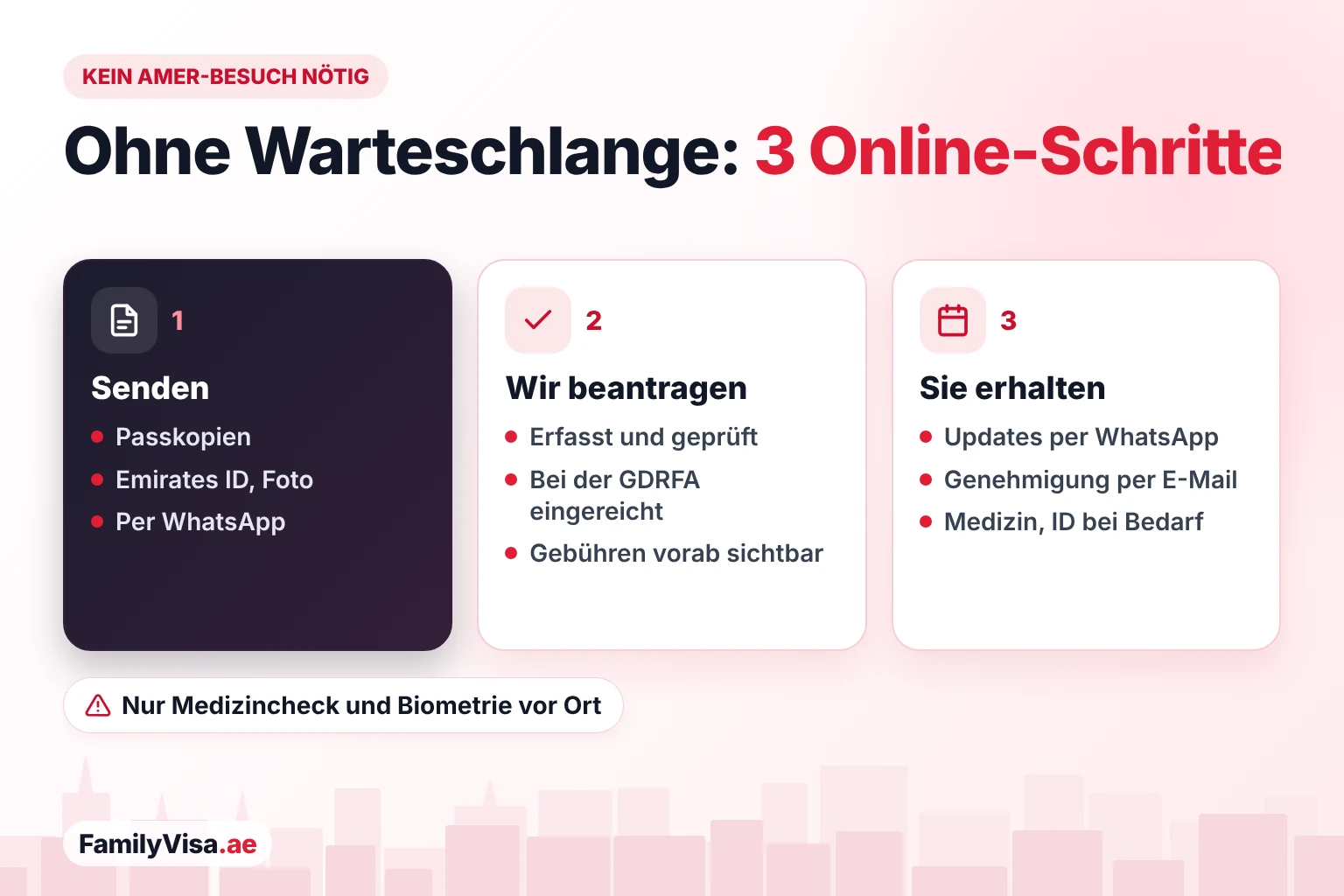 Visa-Services ohne Amer-Besuch in Al Barsha So erledigen Sie eine Visa-Angelegenheit in Al Barsha ohne Besuch im Amer-Center: Dokumente per WhatsApp senden, der Antrag wird online erfasst und bei der GDRFA eingereicht, und Sie gehen nur für den Medizincheck oder die Biometrie aus dem Haus