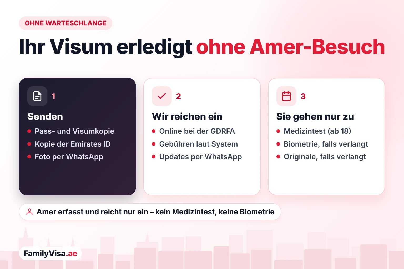 Visa-Services ohne Besuch bei Amer in Al Qusais So erledigen Sie ein Visum für Dubai von Al Qusais aus ohne Besuch im Amer Center: Unterlagen per WhatsApp schicken, der Antrag wird online bei der GDRFA eingereicht, und persönlich hin müssen Sie nur zum medizinischen Test oder zur Biometrie