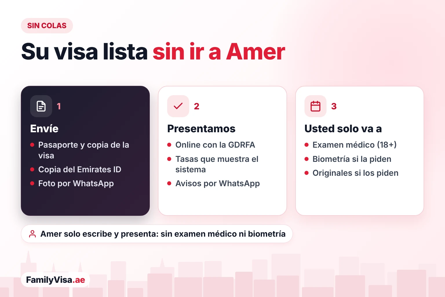 Trámites de visa sin ir a Amer en Al Qusais Cómo tramitar una visa de Dubái desde Al Qusais sin ir a un centro Amer: envíe los documentos por WhatsApp, la solicitud se presenta online ante la GDRFA y usted solo acude en persona para el examen médico o la biometría