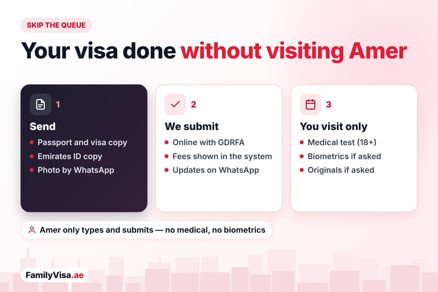 Visa services without visiting Amer in Al Qusais How to get a Dubai visa done from Al Qusais without visiting an Amer centre: send documents by WhatsApp, the application is submitted online with GDRFA, and you only go in person for the medical test or biometrics