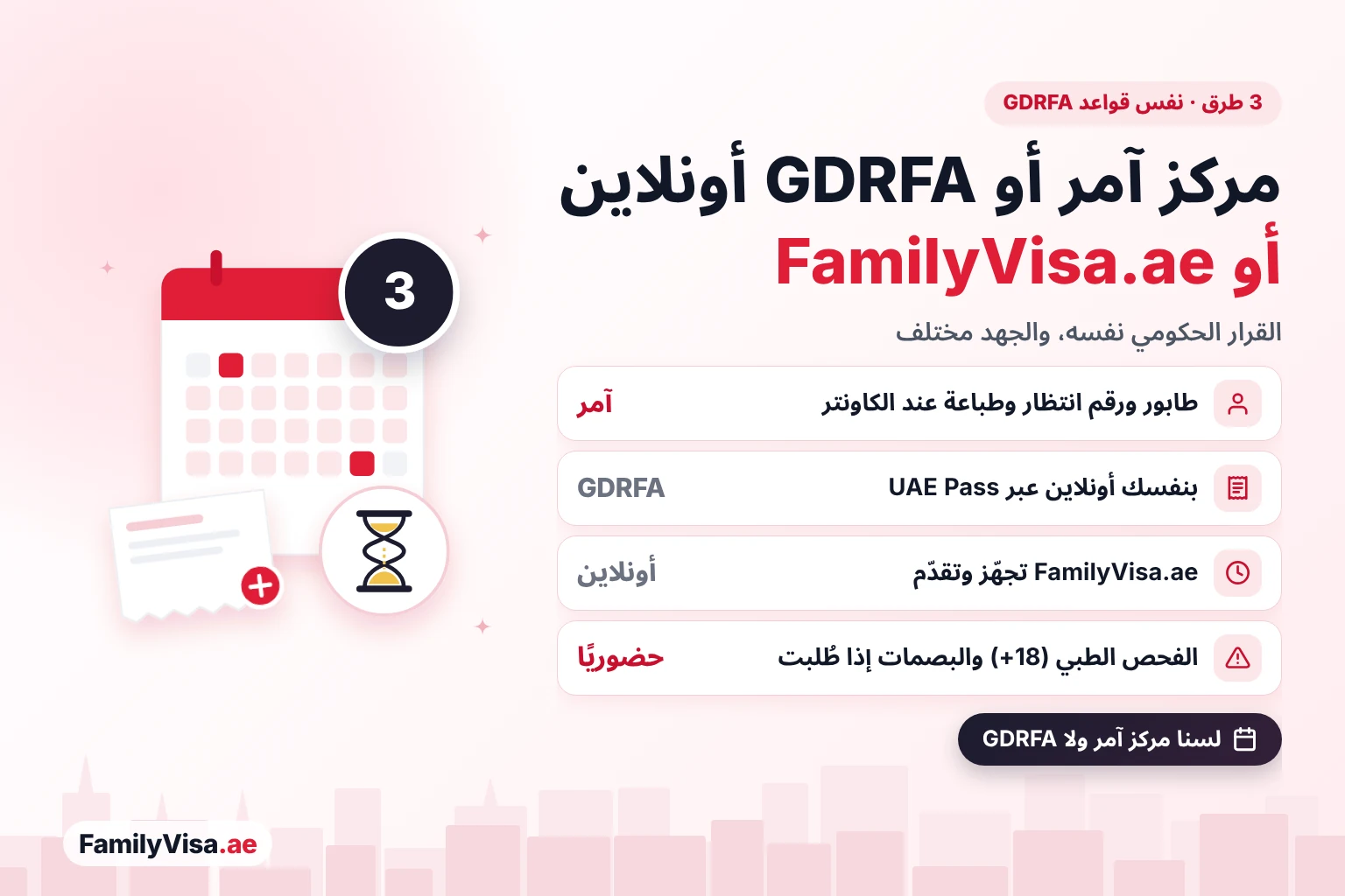 مركز آمر مقابل التقديم أونلاين في القصيص مقارنة بين ثلاث طرق للتقديم من القصيص: كاونتر مركز آمر، أو GDRFA أونلاين بنفسك عبر UAE Pass، أو FamilyVisa.ae أونلاين، مع الفحص الطبي (من 18 سنة فما فوق) والبصمات حضوريًا عند الحاجة