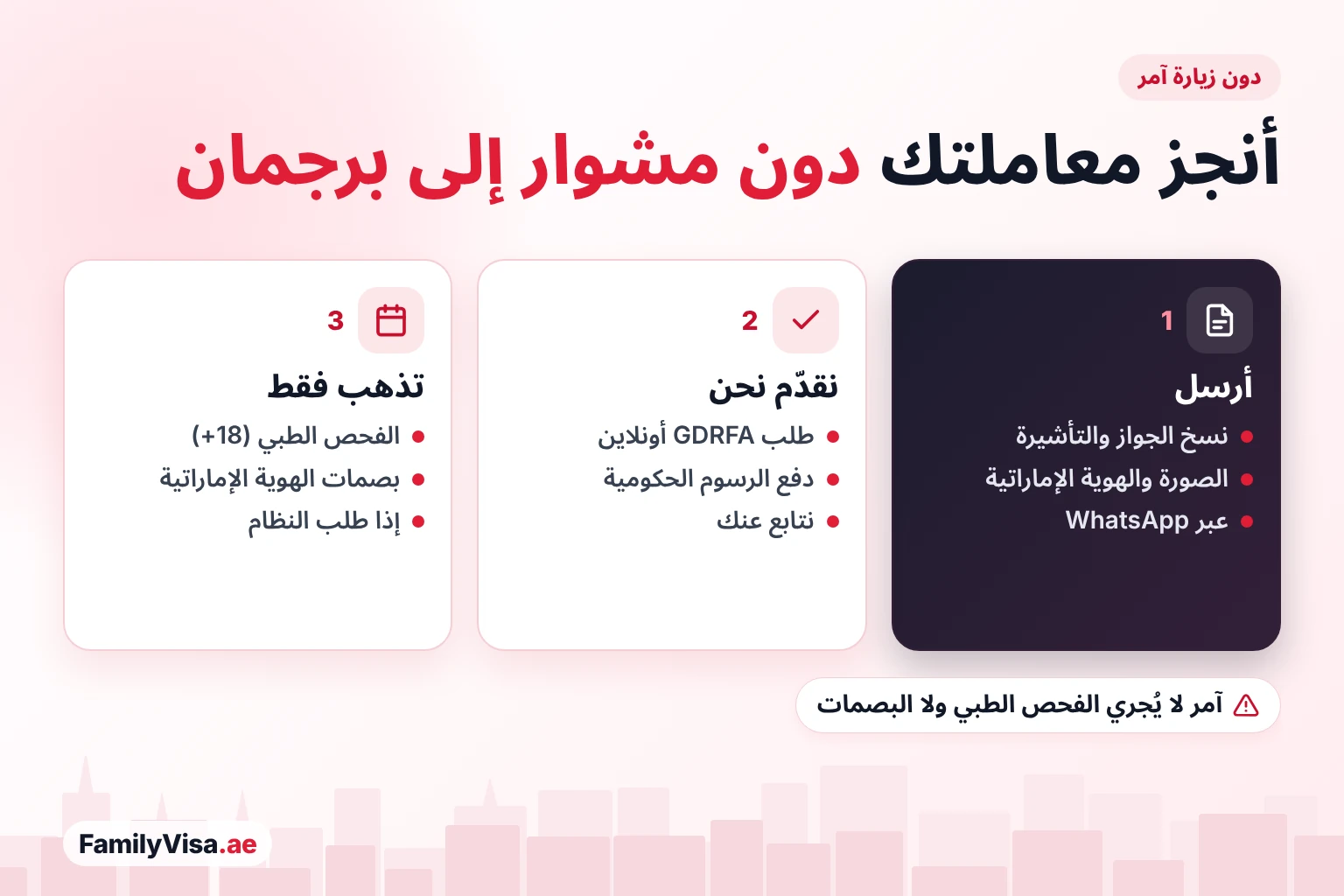 كيف تنجز طلب تأشيرة دبي دون زيارة مركز امر بر دبي: أرسل المستندات عبر WhatsApp، ويُقدَّم طلب GDRFA أونلاين، ولا تخرج إلا للفحص الطبي أو بصمات الهوية الإماراتية