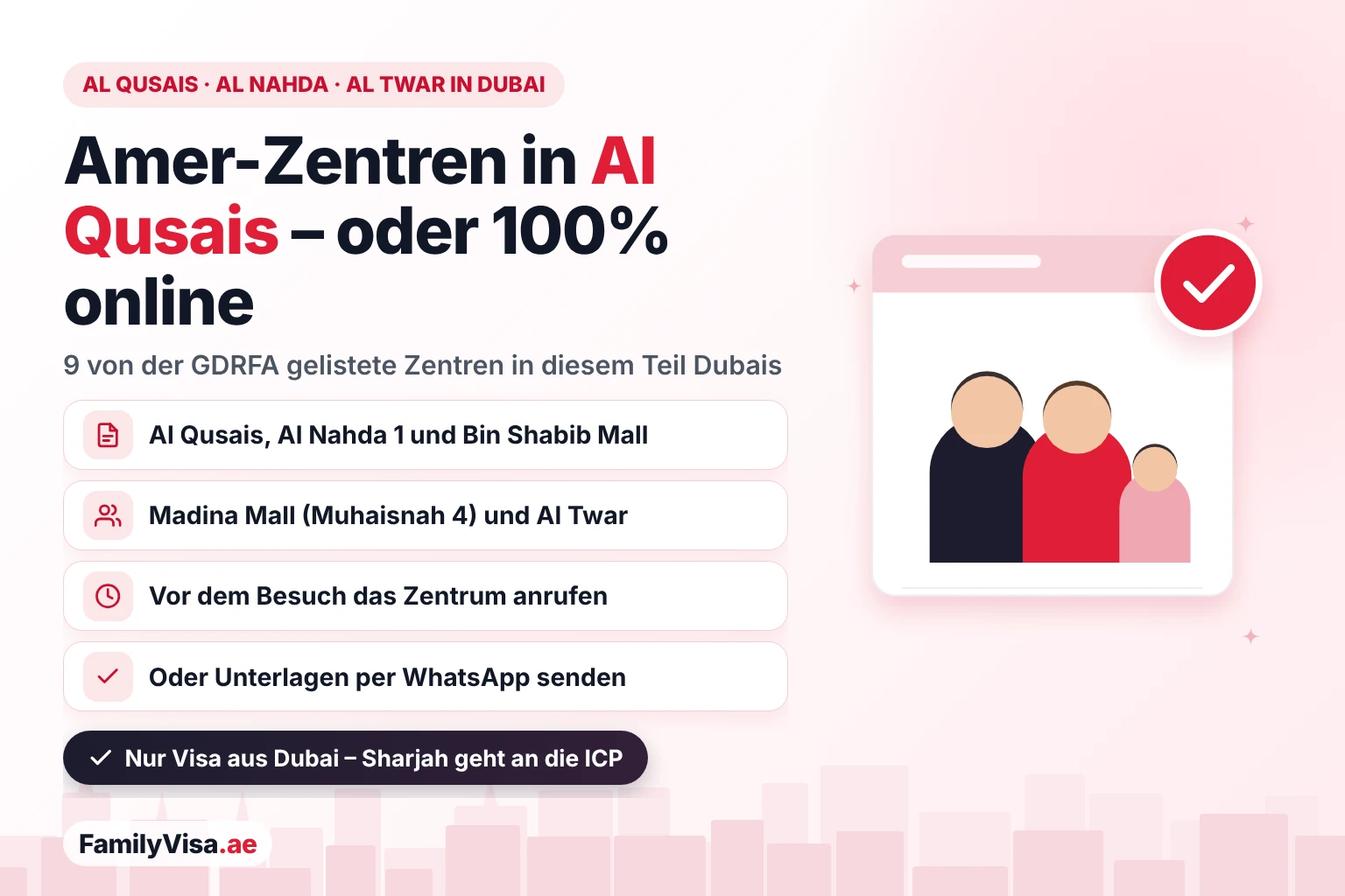 Amer Center Al Qusais, Al Nahda und Al Twar: neun von der GDRFA gelistete Amer-Zentren in diesem Teil Dubais, darunter Bin Shabib Mall und Madina Mall, oder dieselben Visa-Services zu 100% online
