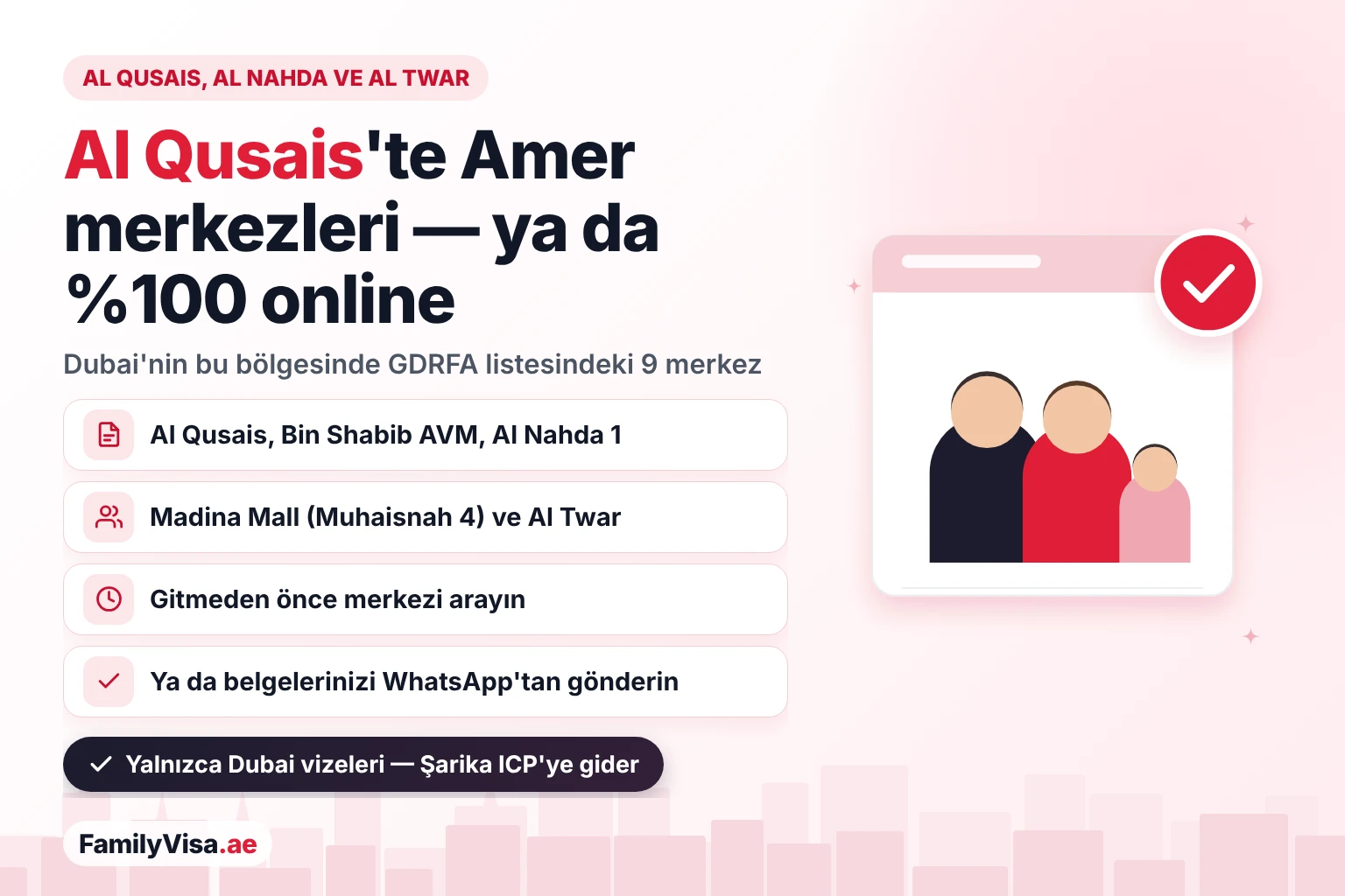 Amer merkezi Al Qusais, Al Nahda ve Al Twar: Dubai'nin bu bölgesinde, Bin Shabib Mall ve Madina Mall dahil GDRFA listesindeki dokuz Amer merkezi ya da aynı vize hizmetlerinin %100 online yapılması
