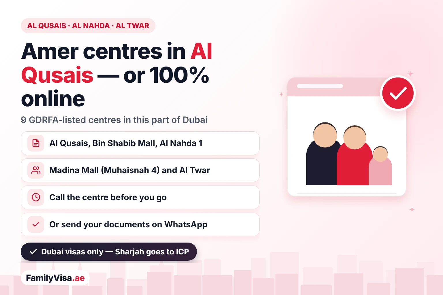 Amer center Al Qusais, Al Nahda and Al Twar: nine GDRFA-listed Amer centres in this part of Dubai, including Bin Shabib Mall and Madina Mall, or the same visa services done 100% online