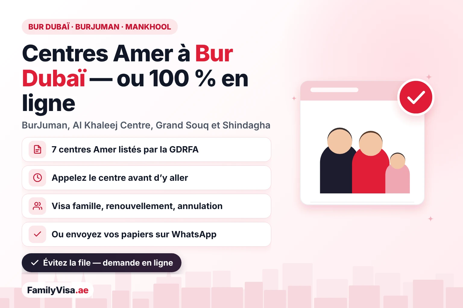 Guide du centre Amer à Bur Dubaï : sept centres Amer listés par la GDRFA autour de BurJuman, Al Mankhool, Al Khaleej Centre, du Grand Souq et d’Al Shindagha, avec la possibilité de faire la demande 100 % en ligne