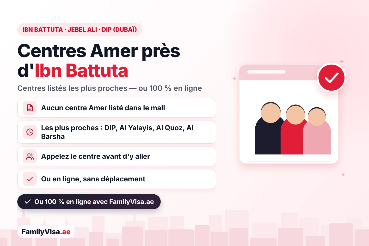 Centres Amer près d'Ibn Battuta Mall, de Jebel Ali et de Dubai Investment Park : aucun centre Amer n'est répertorié à l'intérieur du mall sur la liste de la GDRFA, les centres répertoriés les plus proches sont à DIP, Al Yalayis, Al Quoz et Al Barsha, ou faites votre demande 100 % en ligne
