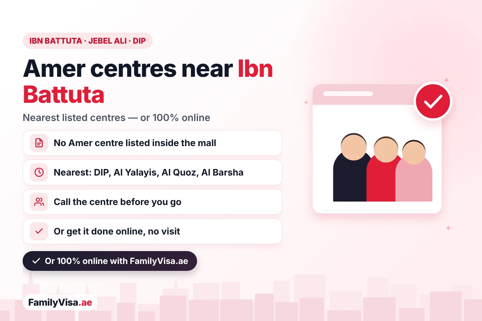 Amer centre options near Ibn Battuta Mall, Jebel Ali and Dubai Investment Park: no Amer centre is listed inside the mall on GDRFA's list, the nearest listed centres are in DIP, Al Yalayis, Al Quoz and Al Barsha, or apply 100% online