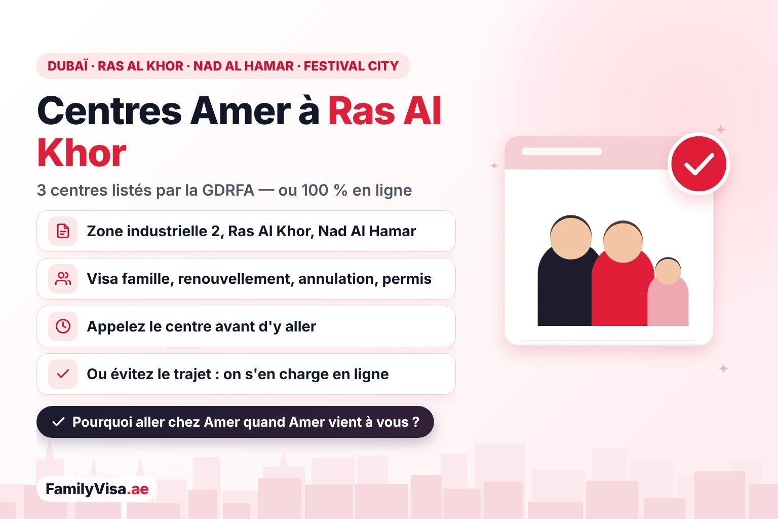 Guide du centre Amer Ras Al Khor : trois centres Amer listés par la GDRFA à Ras Al Khor zone industrielle 2, Ras Al Khor et Nad Al Hamar près de Festival City, ou les mêmes services de visa 100 % en ligne
