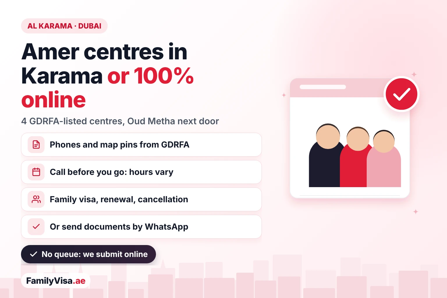 Amer Karama guide: four GDRFA-listed Amer centres in Al Karama, Dubai, with phones and map pins, plus the option to submit family visa, renewal and cancellation applications 100% online by WhatsApp