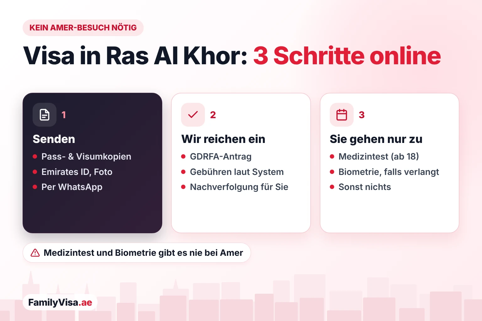 Visa-Services für Ras Al Khor online in 3 Schritten So erledigen Bewohner von Ras Al Khor Visa-Angelegenheiten ohne Besuch im Amer Center: Unterlagen per WhatsApp schicken, der Antrag geht online an die GDRFA, und nur der medizinische Test und die Biometrie erfordern einen Besuch