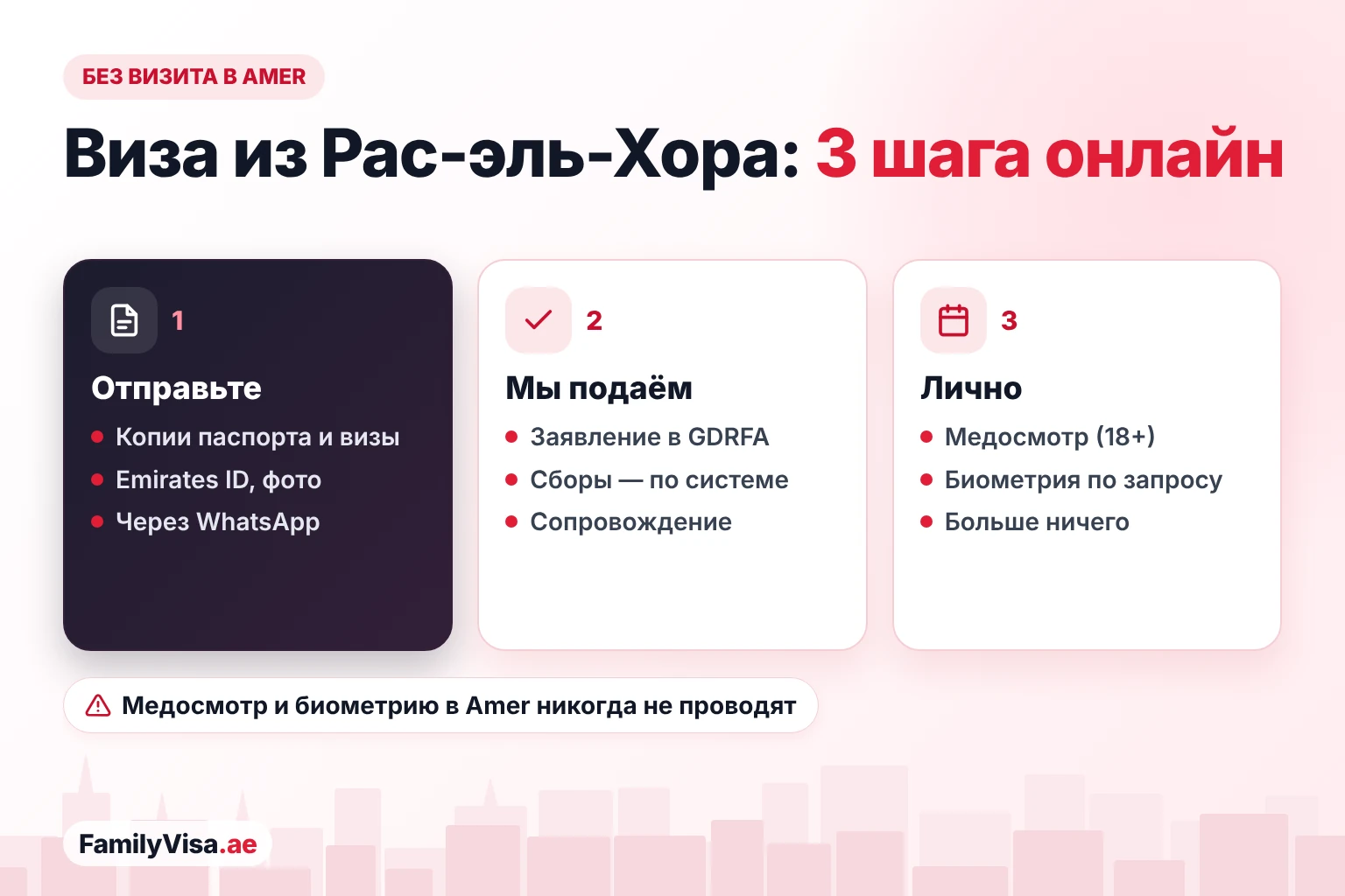 Визовые услуги в Рас-эль-Хоре онлайн за 3 шага Как жители Рас-эль-Хора оформляют визы без визита в центр Amer: документы отправляются в WhatsApp, заявление подаётся в GDRFA онлайн, а лично нужно прийти только на медосмотр и биометрию