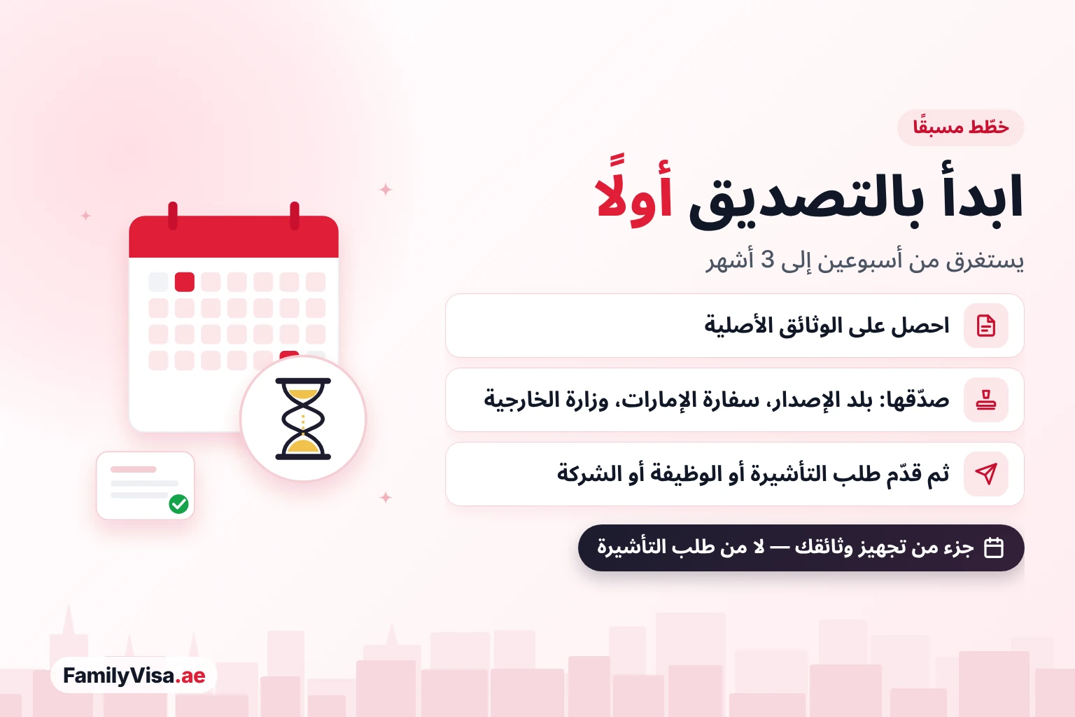 ابدأ بالتصديق أولًا رسم توضيحي لتقويم وساعة رملية: تصديق الوثائق للإمارات، وصولًا إلى تصديق وزارة الخارجية، يستغرق من أسبوعين إلى 3 أشهر، لذا ابدأ به قبل طلب التأشيرة أو الوظيفة أو الشركة