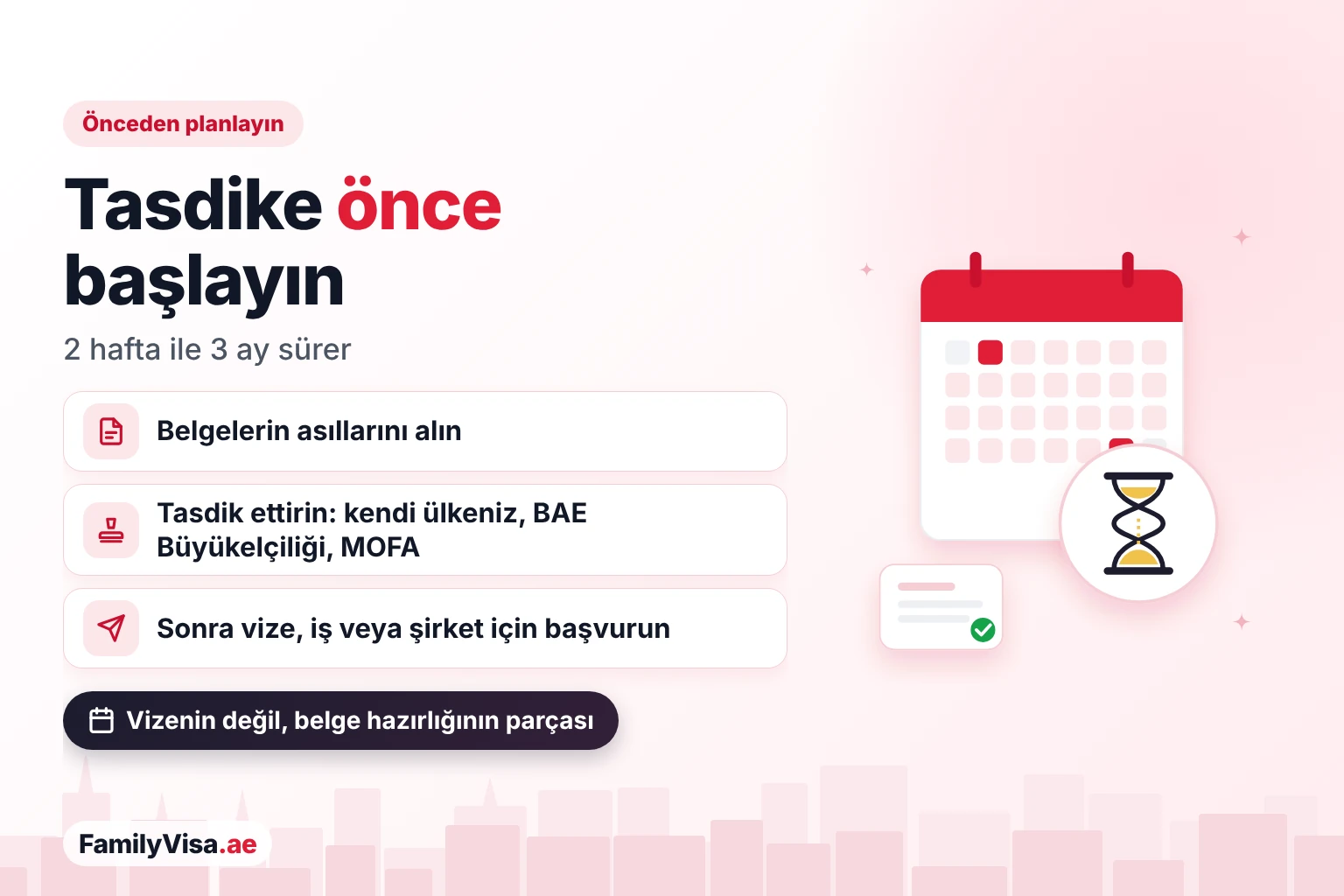 Tasdike önce başlayın Takvim ve kum saati illüstrasyonu: BAE için evrak tasdiki 2 hafta ile 3 ay sürer, bu yüzden vize, iş veya şirket başvurusundan önce başlayın