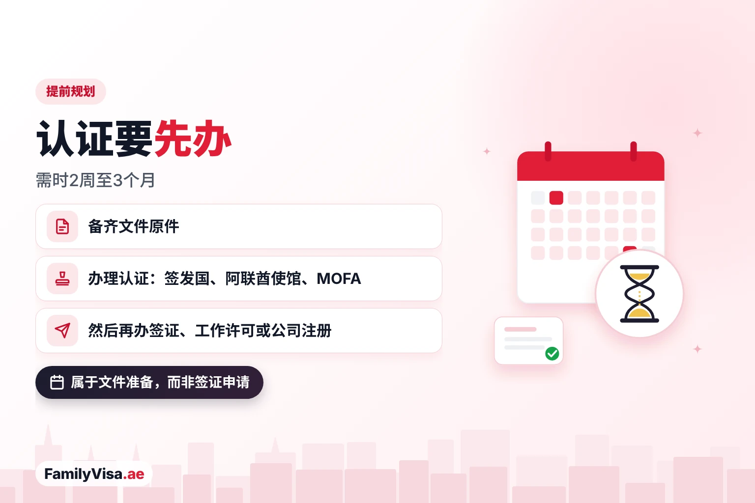 先办认证 日历和沙漏插图:用于阿联酋的文件认证(包括阿联酋使馆认证和 MOFA 认证)全程需要2周至3个月,因此请在办理签证、工作或公司相关申请之前就开始认证