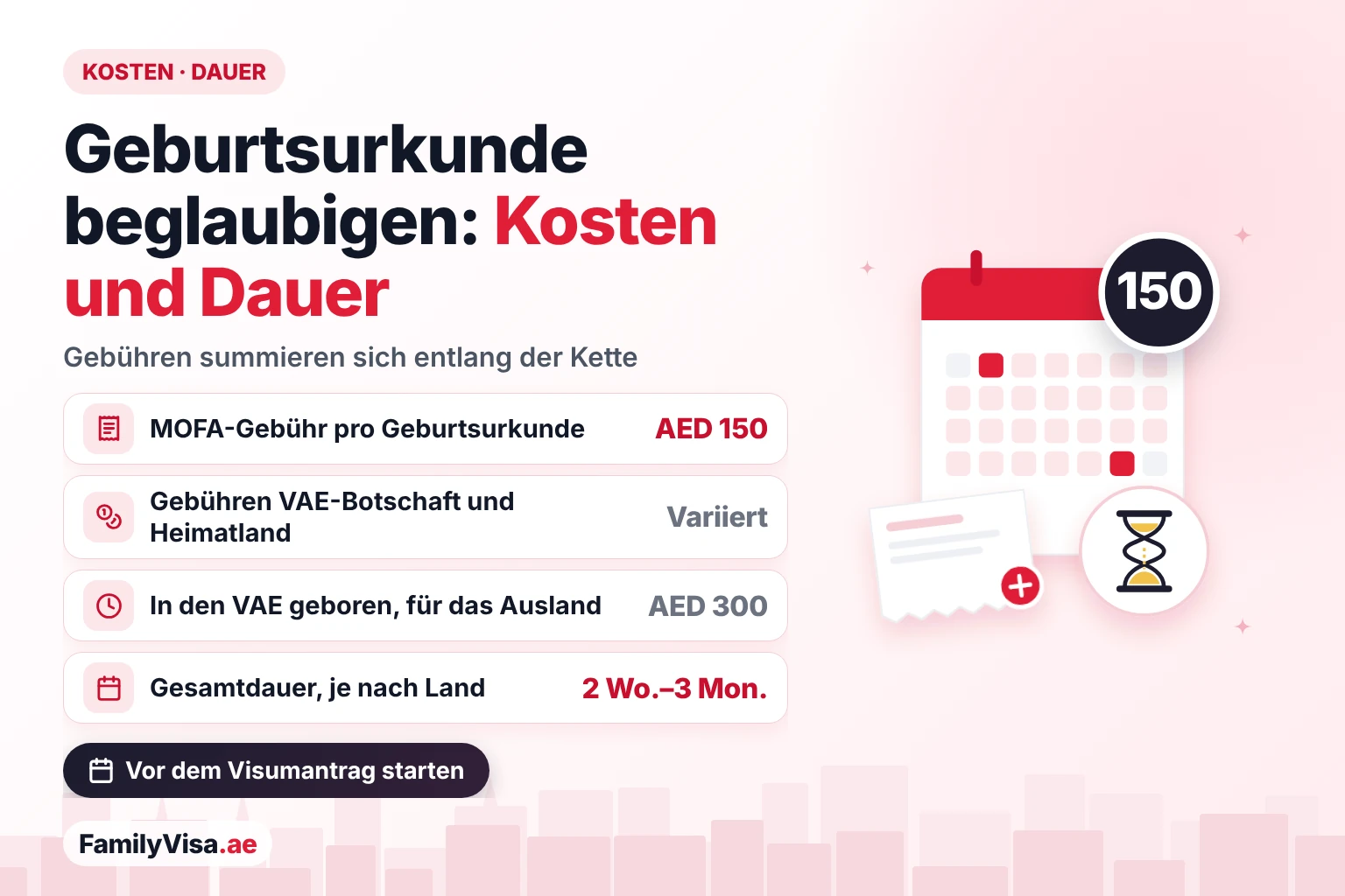 Geburtsurkunde beglaubigen: Kosten und Bearbeitungszeit Kosten und Dauer der Beglaubigung der Geburtsurkunde: AED 150 MOFA-Gebühr, variierende Gebühren von Botschaft und Heimatland, AED 300 für eine digitale Urkunde aus den VAE für das Ausland und insgesamt 2 Wochen bis 3 Monate