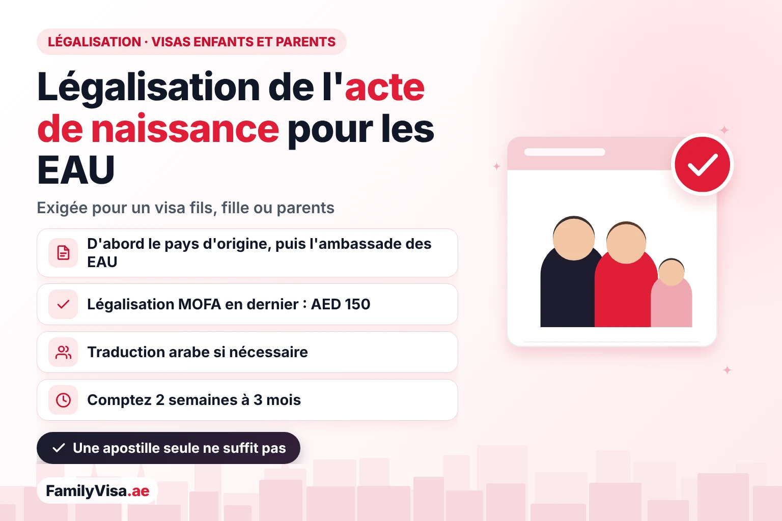 Légalisation de l'acte de naissance pour les EAU : ministère des Affaires étrangères du pays d'origine, puis ambassade des EAU, puis légalisation MOFA pour AED 150, exigée pour un visa de résidence fils, fille ou parents