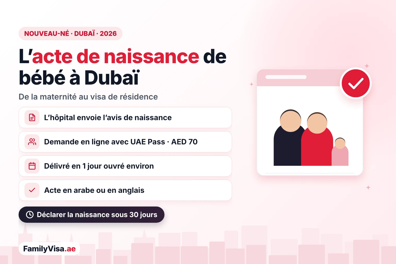 Acte de naissance à Dubaï pour un nouveau-né : l’hôpital envoie l’avis de naissance, les parents font la demande en ligne à la Dubai Health Authority avec UAE Pass pour AED&nbsp;70 et reçoivent l’acte en arabe ou en anglais en un jour ouvré environ