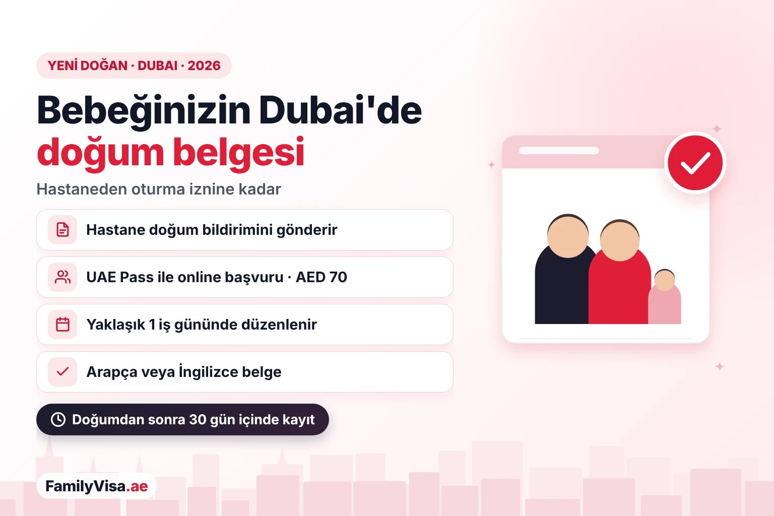 Dubai'de yeni doğan için doğum belgesi: hastane doğum bildirimini gönderir, ebeveynler UAE Pass ile Dubai Sağlık Otoritesi'ne AED&nbsp;70 karşılığında online başvurur ve Arapça ya da İngilizce belgeyi yaklaşık bir iş gününde alır