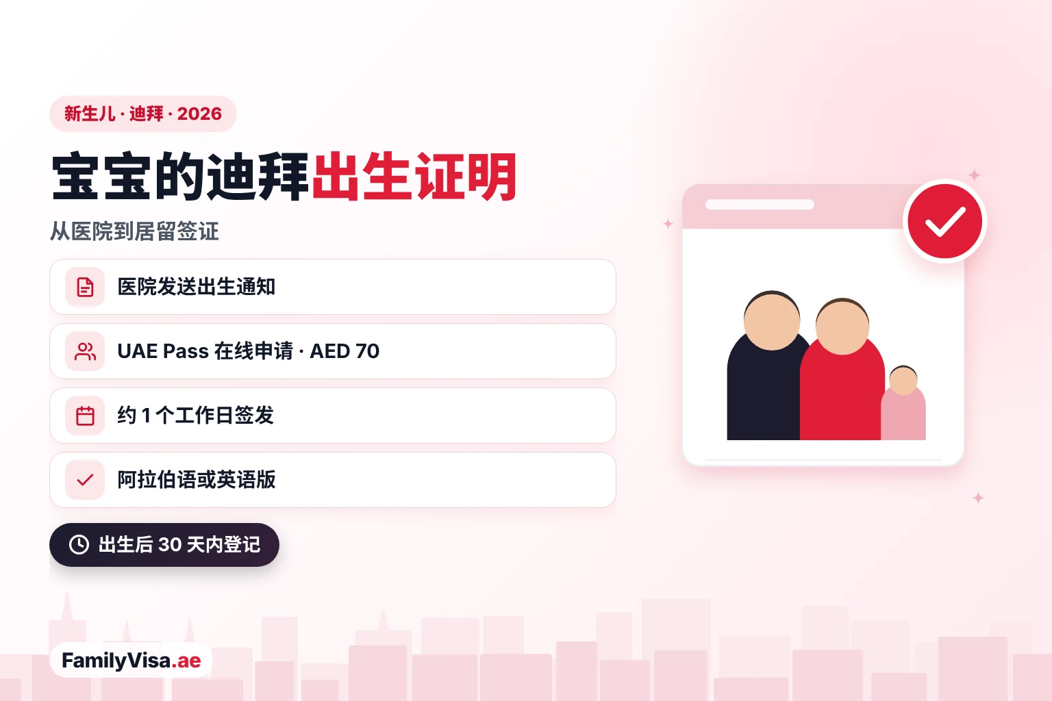 迪拜新生儿出生证明 迪拜新生儿出生证明办理:医院发送出生通知,父母用 UAE Pass 向迪拜卫生局在线申请,费用 AED 70,约 1 个工作日即可收到阿拉伯语或英语出生证明