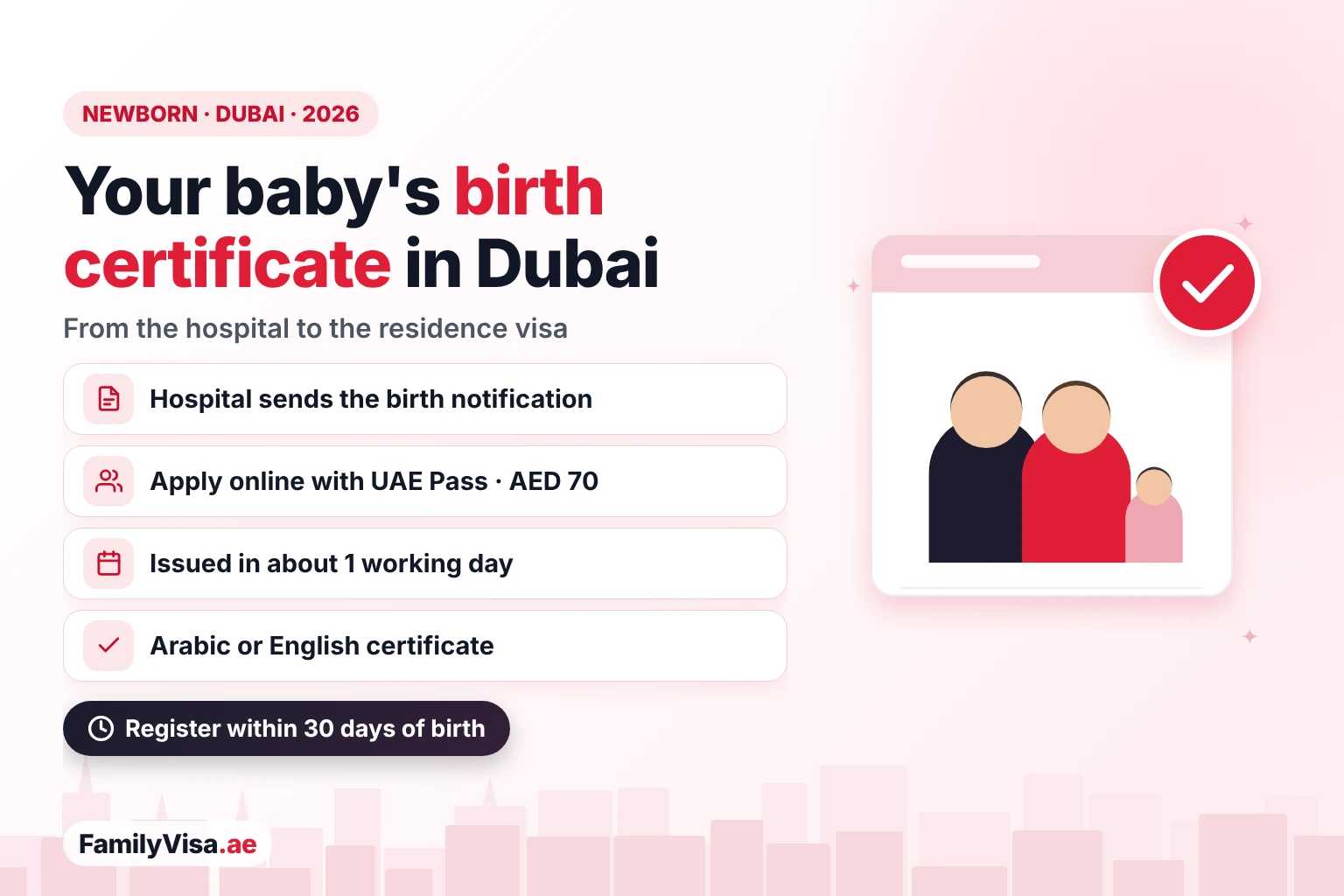 Birth certificate in Dubai for a newborn: the hospital sends the birth notification, parents apply online to the Dubai Health Authority with UAE Pass for AED 70 and receive the Arabic or English certificate in about one working day