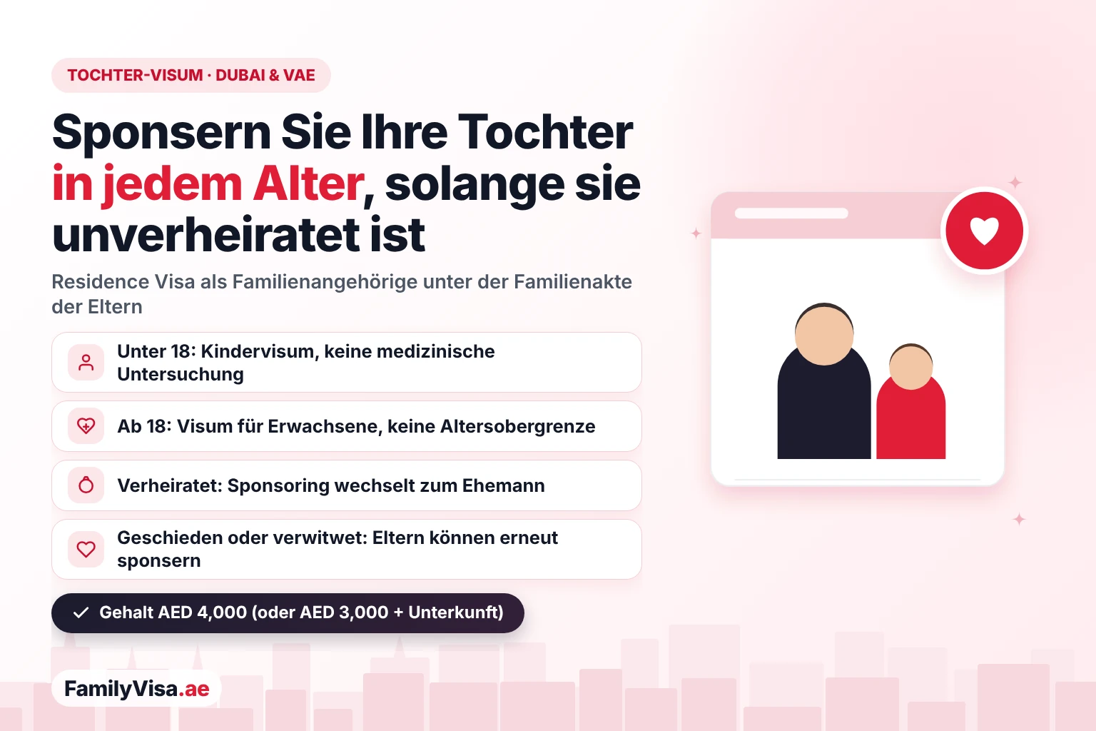 Regeln für das Visum der Tochter in Dubai und den VAE Visum für die Tochter in Dubai und den VAE: Ein Elternteil kann eine unverheiratete Tochter in jedem Alter sponsern – Kindervisum unter 18 ohne medizinische Untersuchung, Visum für Erwachsene ab 18, das Sponsoring wechselt mit der Heirat zum Ehemann und kann nach einer Scheidung wieder aufgenommen werden