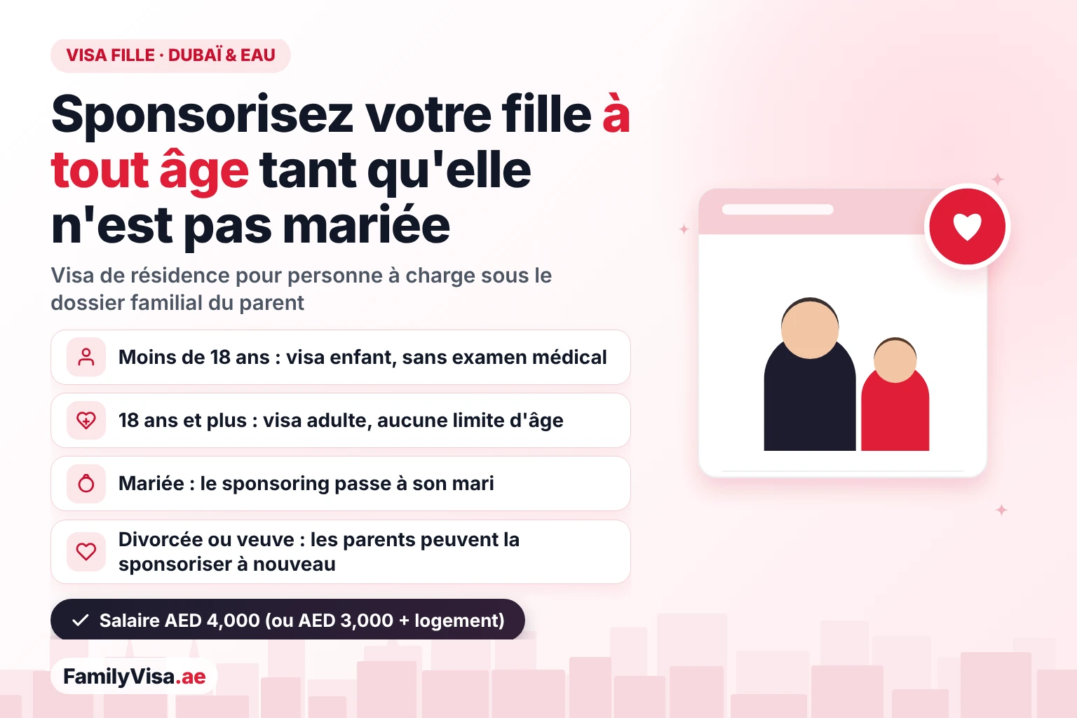 Règles du visa pour une fille à Dubaï et aux EAU Visa pour une fille à Dubaï et aux EAU : un parent peut sponsoriser une fille non mariée à tout âge — visa enfant avant 18 ans sans examen médical, visa adulte dès 18 ans, le sponsoring passe au mari lors du mariage et peut reprendre après un divorce