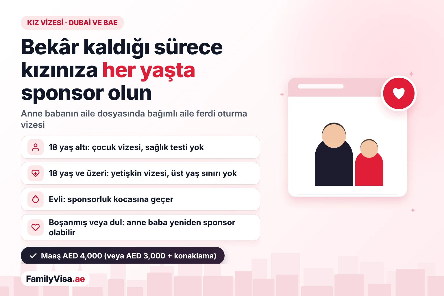 Dubai ve BAE'de kız vizesi kuralları Dubai ve BAE'de kız vizesi: anne veya baba bekâr kızına her yaşta sponsor olabilir — 18 yaş altında sağlık testsiz çocuk vizesi, 18 yaşından itibaren yetişkin vizesi, evlilikte sponsorluk kocaya geçer ve boşanmadan sonra yeniden başlayabilir