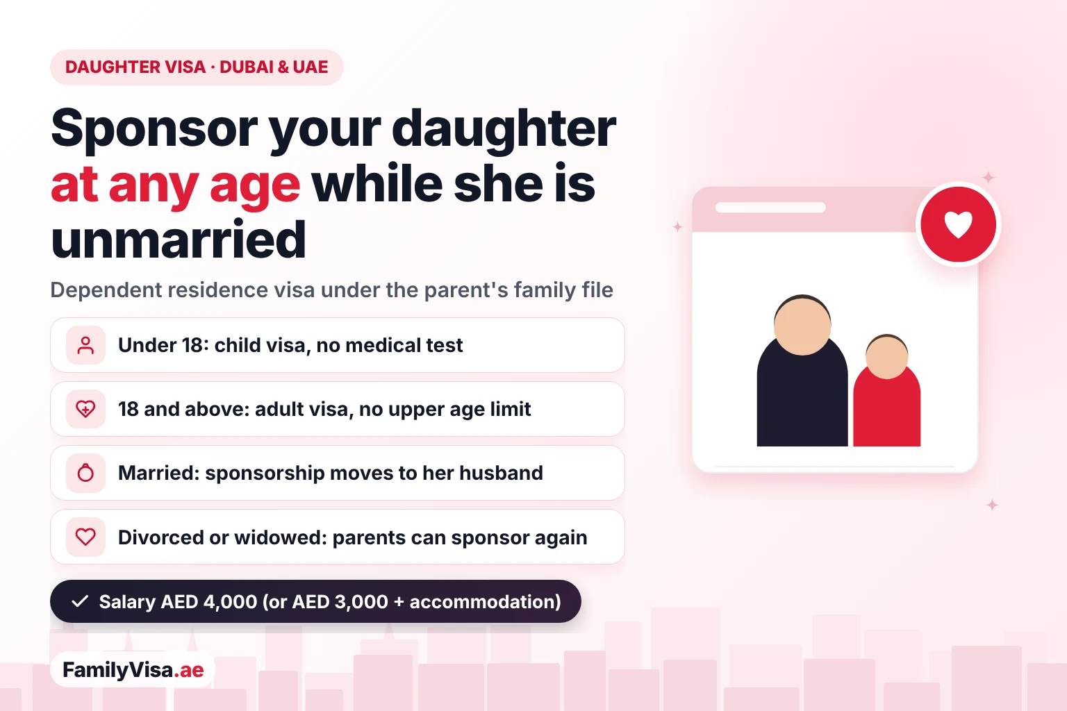 Daughter visa in Dubai and the UAE: a parent can sponsor an unmarried daughter at any age — child visa under 18 without a medical test, adult visa from 18, sponsorship moves to the husband on marriage and can resume after a divorce