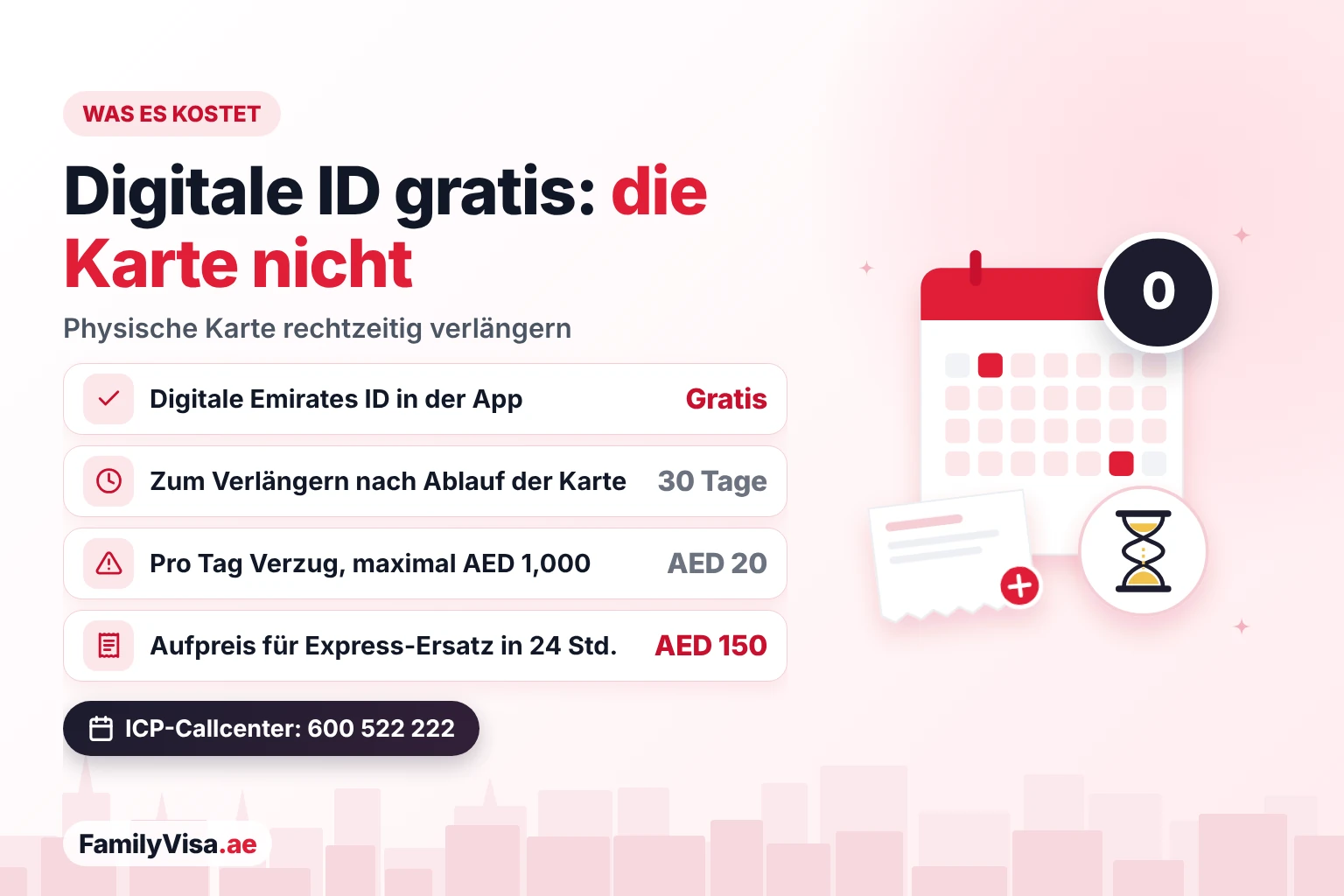 Digitale Emirates ID: kostenlos, aber Karte rechtzeitig verlängern Kosten der digitalen Emirates ID: Die digitale Kopie ist kostenlos, aber die physische Karte muss innerhalb von 30 Tagen nach Ablauf verlängert werden, sonst fällt eine Strafe von AED 20 pro Tag an, bis zu AED 1,000