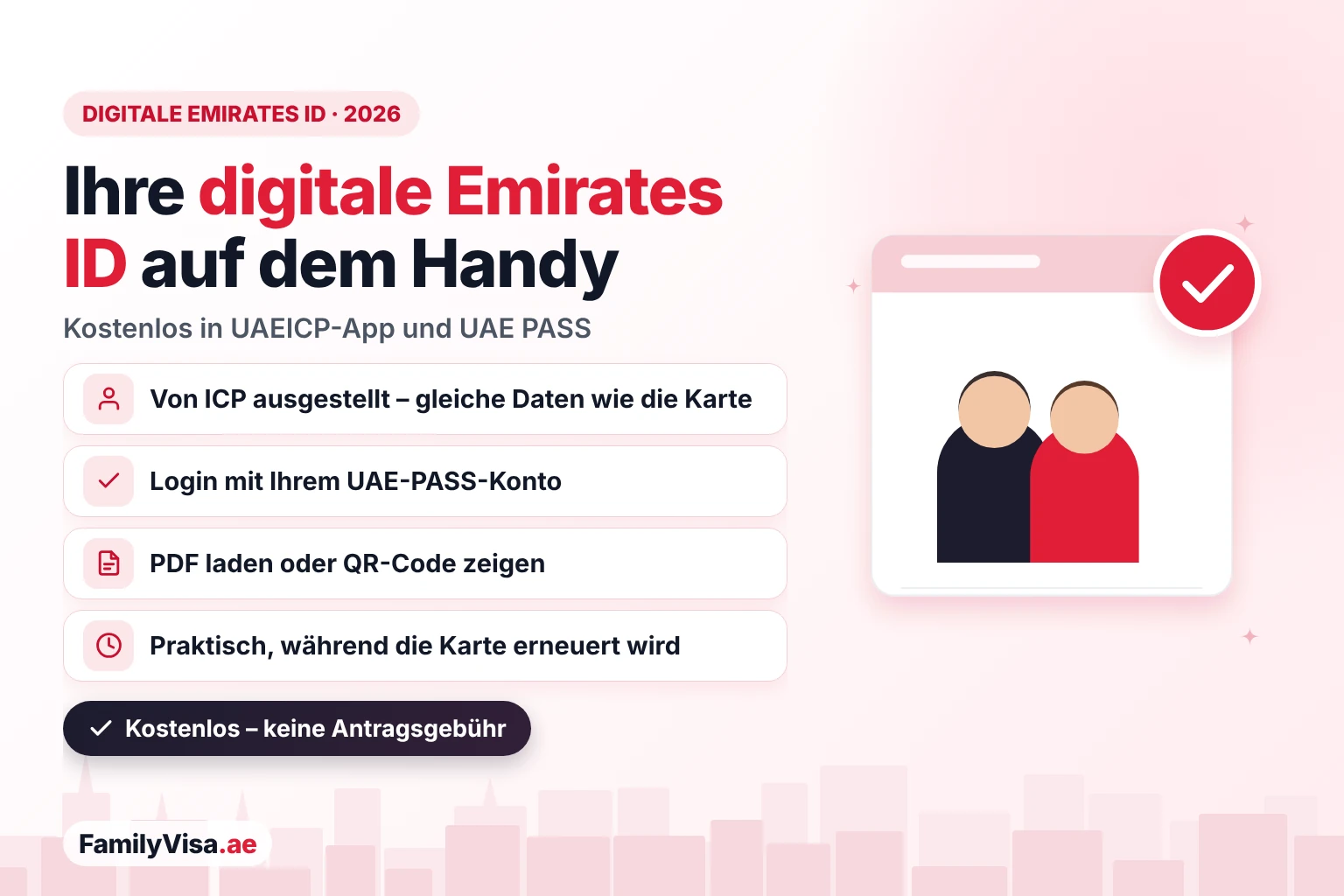 Digitale Emirates ID auf dem Smartphone: die kostenlose elektronische Version der ICP-Karte in der UAEICP-App und in UAE PASS, mit PDF-Download und QR-Code zur Überprüfung
