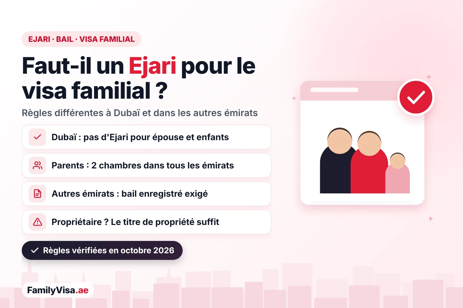 Ejari pour un visa familial à Dubaï en 2026 Ejari pour un visa familial en 2026 : Dubaï n'exige pas de contrat de location pour une épouse ou des enfants, les parents doivent disposer d'un logement de deux chambres dans tous les émirats, et les autres émirats exigent un bail enregistré ou un titre de propriété
