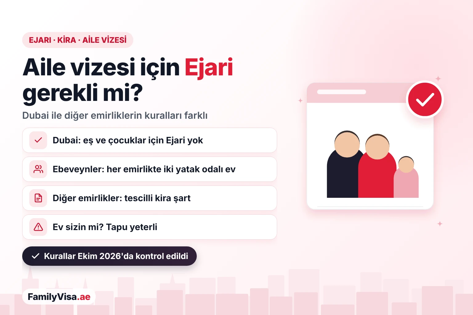 Dubai'de aile vizesi için Ejari 2026 2026'da aile vizesi için Ejari: Dubai'de eş veya çocuklar için kira sözleşmesi gerekmez, ebeveynler için her emirlikte iki yatak odalı ev gerekir, diğer emirliklerde tescilli kira sözleşmesi veya tapu istenir