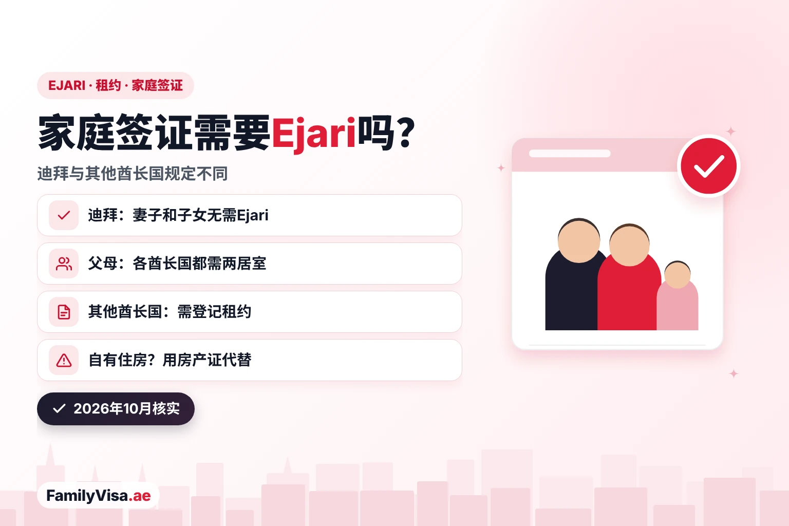 2026年家庭签证的Ejari要求：迪拜担保妻子或子女无需租房合同，各酋长国担保父母都需两居室住房，其他酋长国需要已登记的租约或房产证