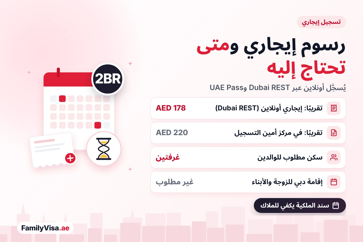 رسوم تسجيل إيجاري للإقامة العائلية: حوالي AED&nbsp;178 أونلاين عبر Dubai REST وحوالي AED&nbsp;220 في مركز أمين التسجيل العقاري، ويلزم لإقامة الوالدين مع سكن من غرفتي نوم وليس للزوجة أو الأبناء في دبي