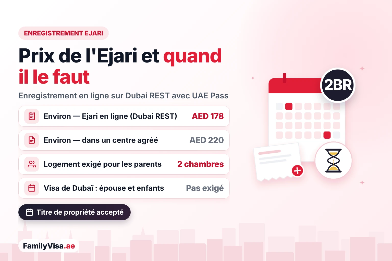 Prix de l'enregistrement Ejari et quand le visa familial l'exige Prix de l'enregistrement Ejari pour un visa familial : environ AED 178 en ligne sur Dubai REST et environ AED 220 dans un centre agréé, nécessaire pour un visa parents avec un logement de deux chambres mais pas pour une épouse ou des enfants à Dubaï