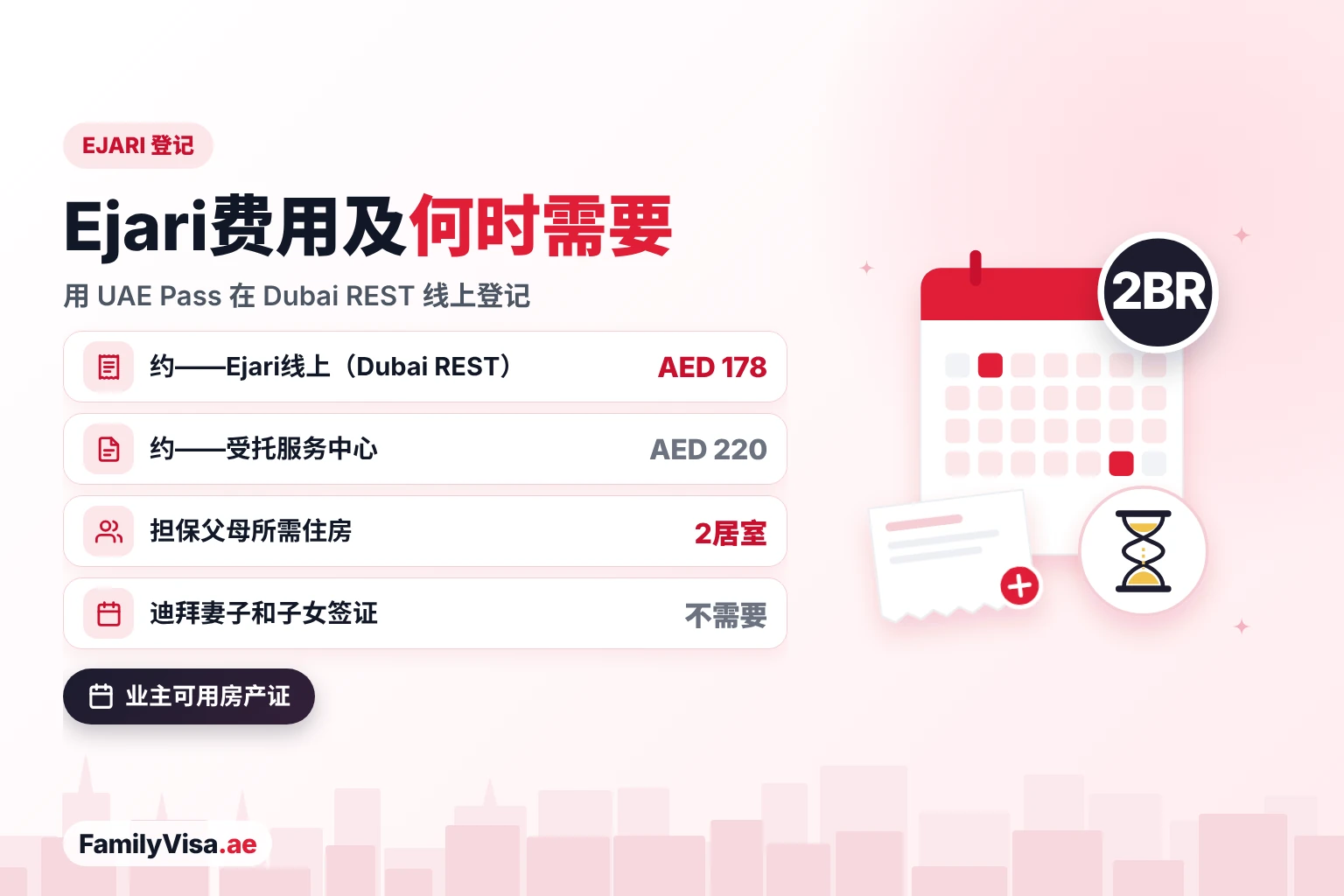 家庭签证的Ejari登记费用：在 Dubai REST 线上办理约 AED&nbsp;178，在受托服务中心约 AED&nbsp;220；以两居室住房担保父母时需要，在迪拜担保妻子或子女则不需要