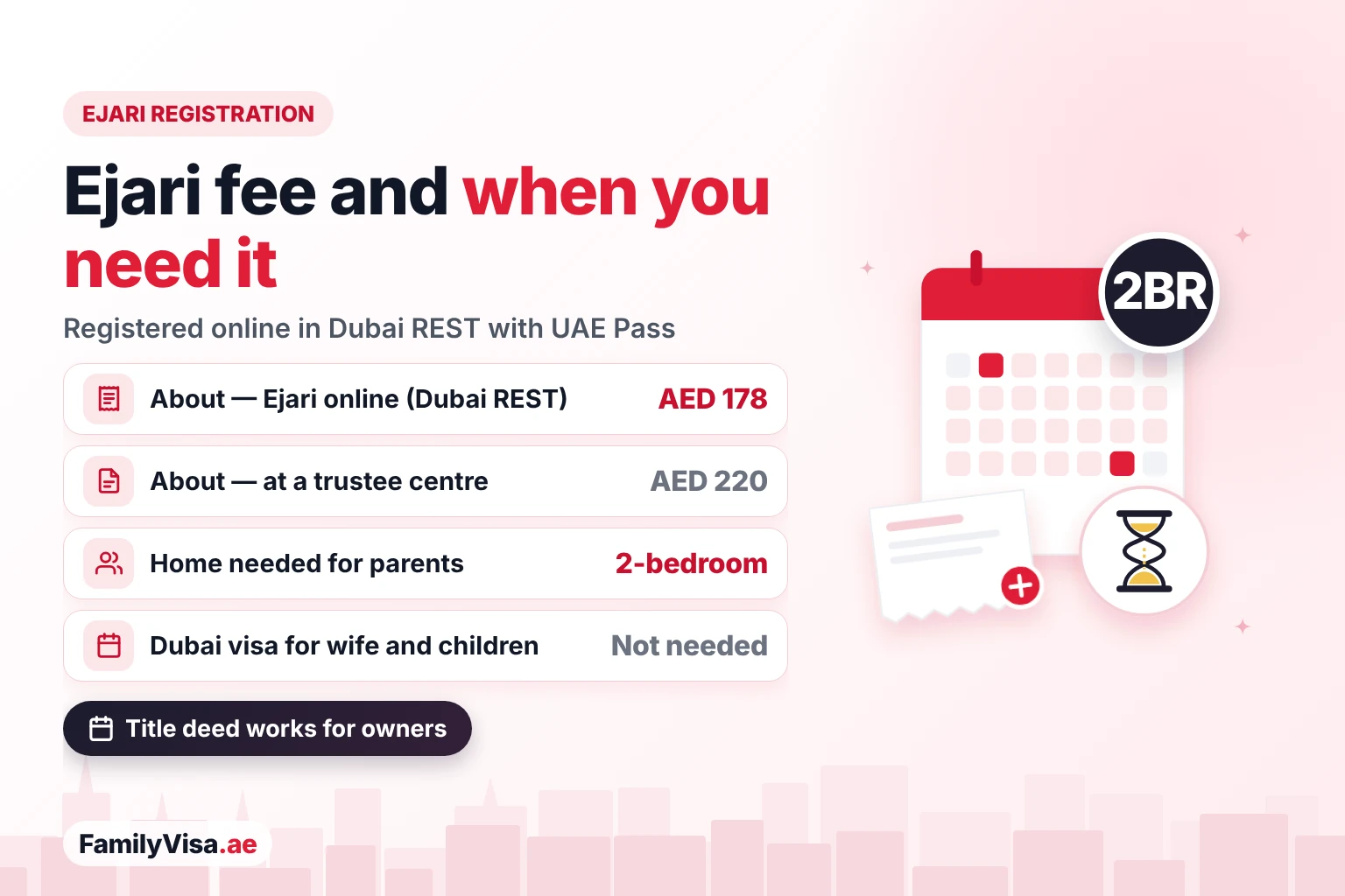 Ejari registration fee and when a family visa needs it Ejari registration fee for a family visa: about AED 178 online in Dubai REST and about AED 220 at a trustee centre, needed for a parents visa with a two-bedroom home but not for a wife or children in Dubai