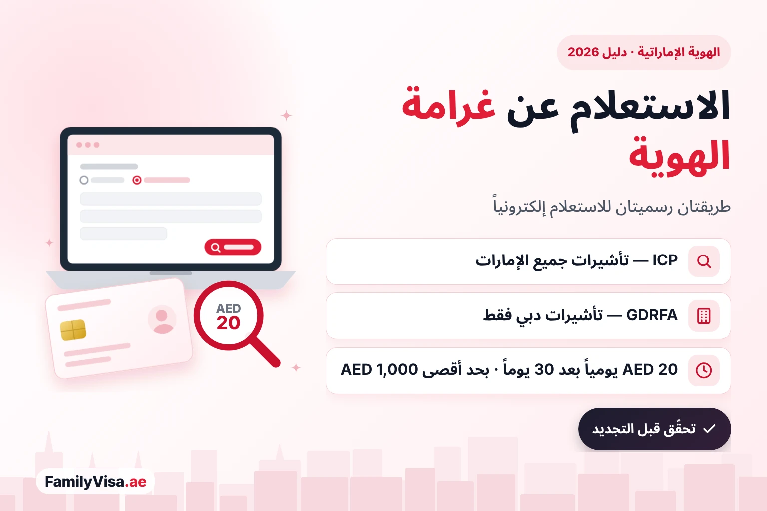 رسم توضيحي لحاسوب محمول يعرض الاستعلام عن غرامة الهوية الإماراتية بجانب بطاقة هوية عامة وإشعار غرامة: الاستعلام عن الغرامات عبر ICP للتأشيرات الصادرة من جميع الإمارات أو عبر GDRFA لتأشيرات دبي؛ وغرامة بطاقة الهوية AED 20 يومياً بعد 30 يوماً، بحد أقصى AED 1,000