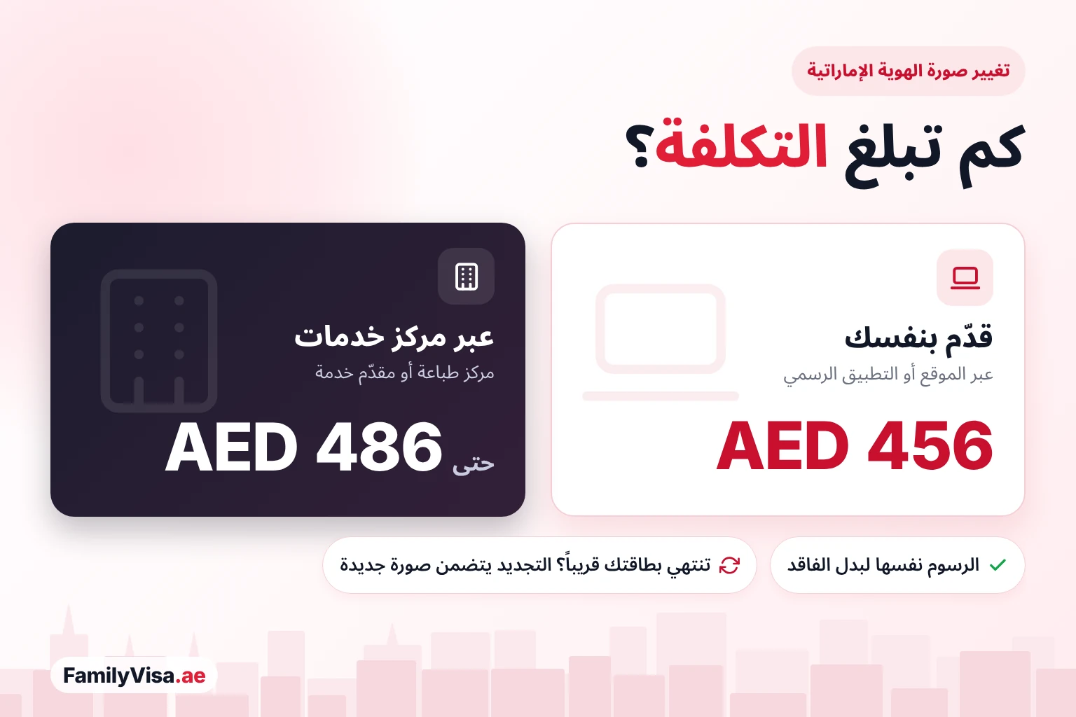 كم تبلغ التكلفة؟ رسوم تغيير صورة الهوية الإماراتية: AED 456 عند التقديم بنفسك إلكترونياً، وحتى AED 486 عبر مركز طباعة أو مقدّم خدمة — الرسوم نفسها لبدل الفاقد