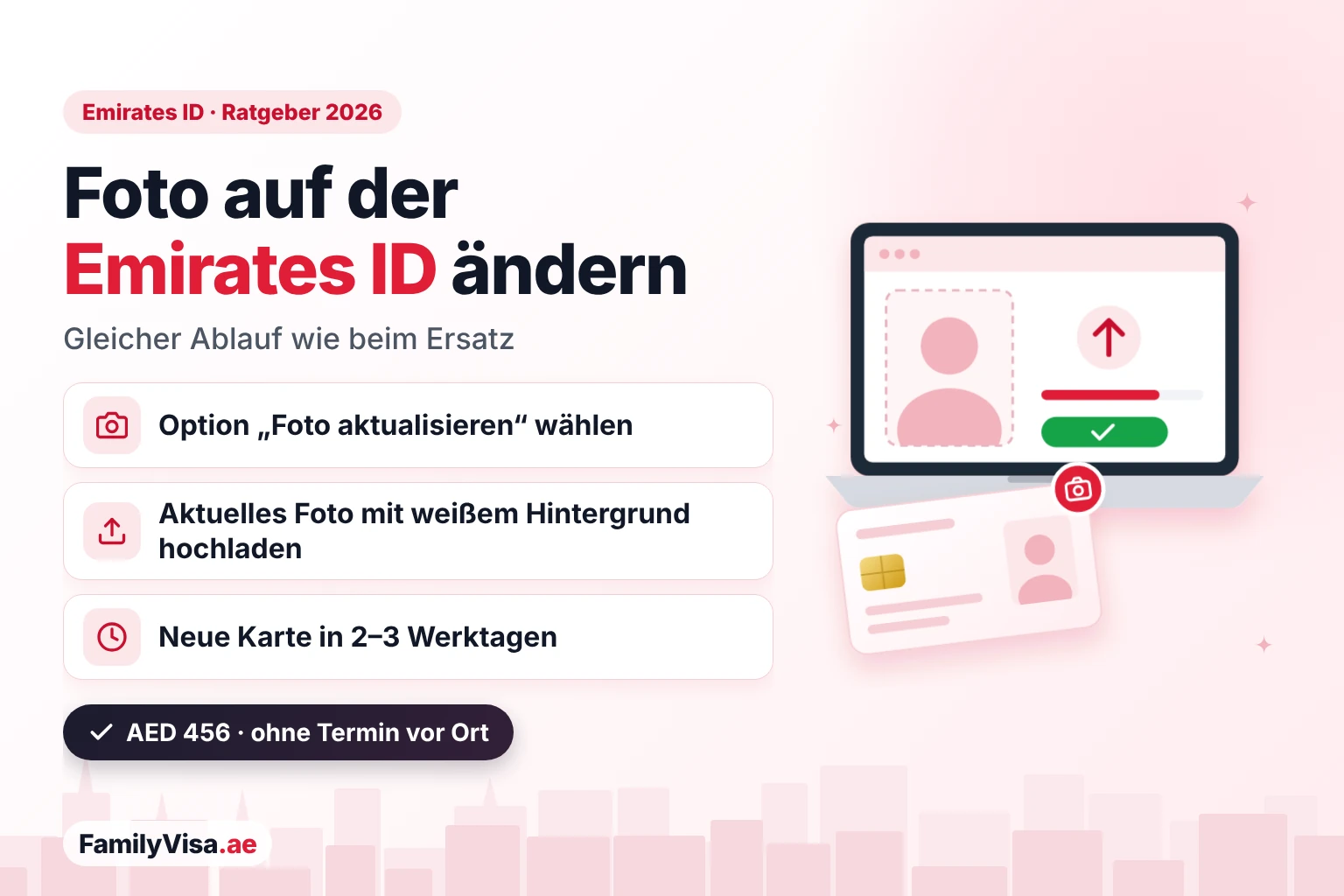 Foto auf der Emirates ID ändern Illustration eines Laptops, der ein neues Porträtfoto hochlädt, neben einer Ausweiskarte: Foto auf der Emirates ID über den Ersatzantrag ändern – AED 456, neue Karte in 2–3 Werktagen